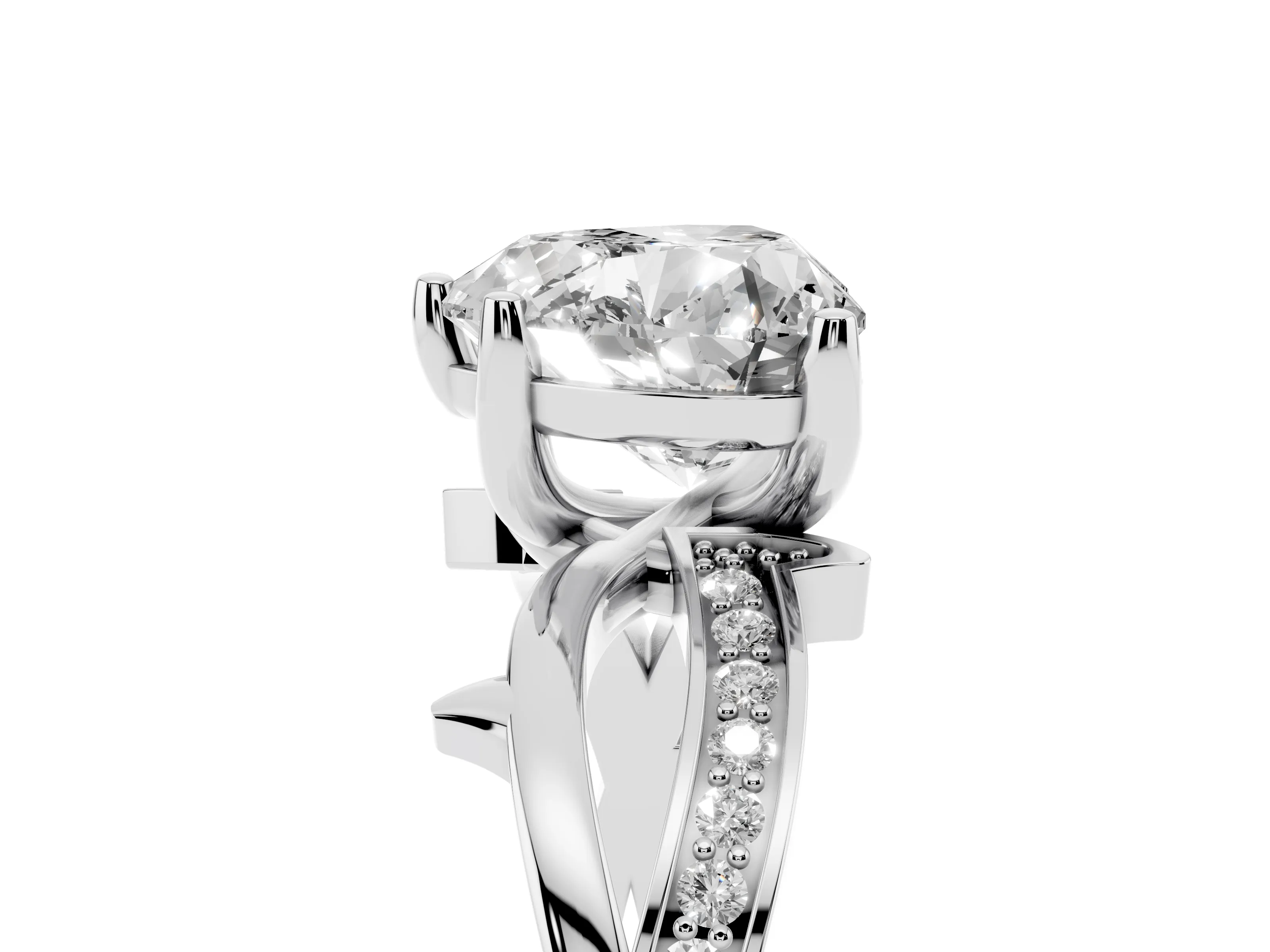 Heart Cut Diamond Pavé Twist Band Solitaire Ring Set in White gold with Prong Setting