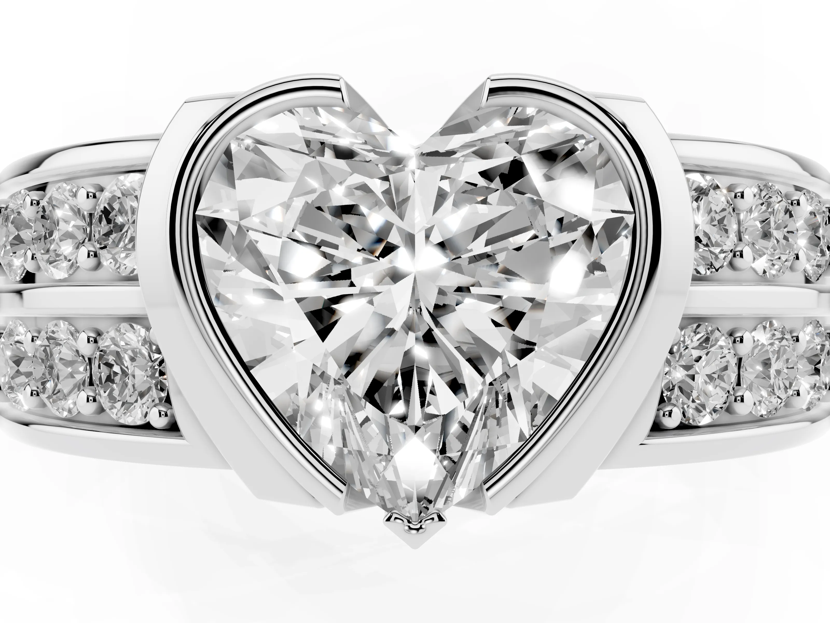 Heart Cut Diamond Wide Channel Set Band Ring Set in White gold with Bezel Setting