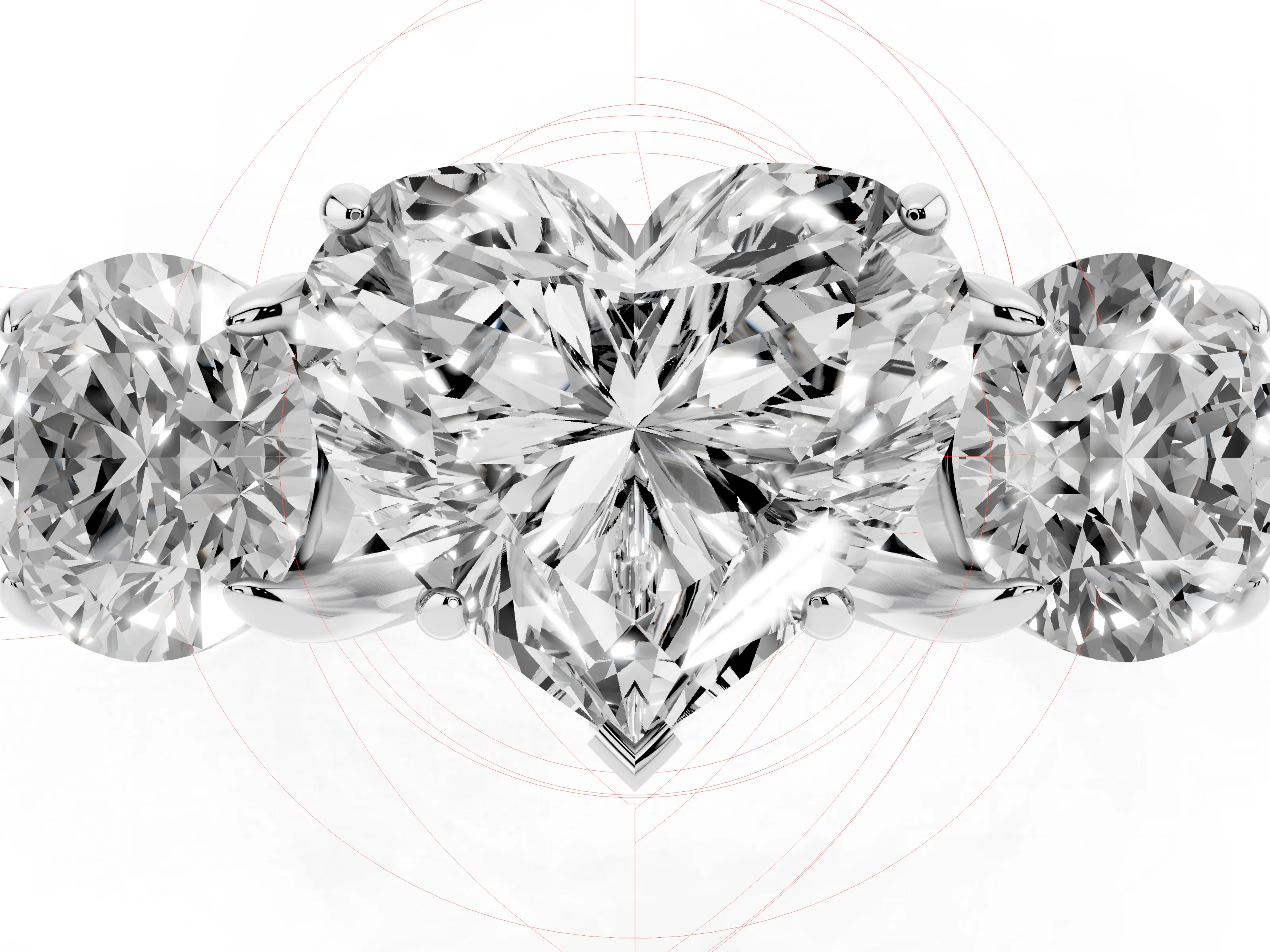 Heart Cut Diamond Three-Stone Ring Set in Platinum with Round Accent Stones and Plain Band