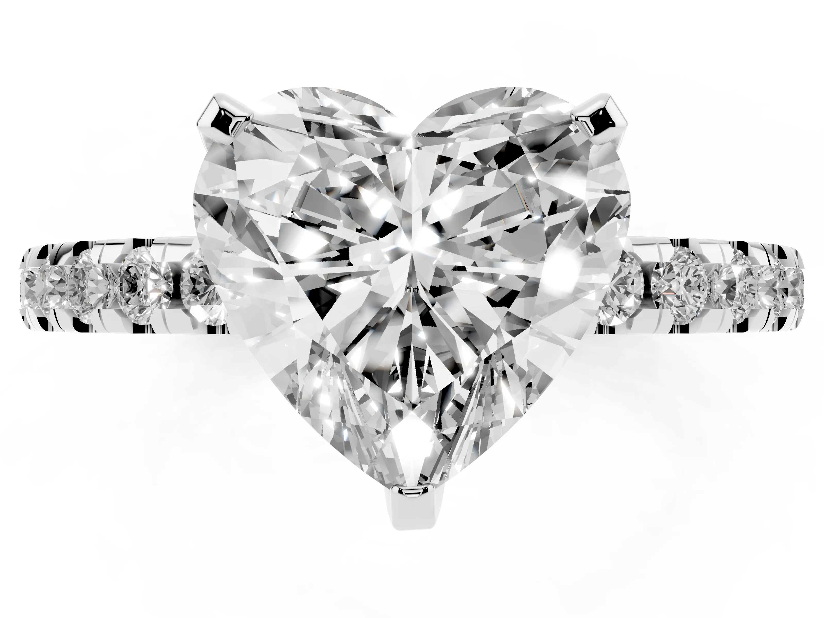 Heart Cut Diamond Pavé Solitaire Ring Set in White gold with Round Band Accents and Prong Setting