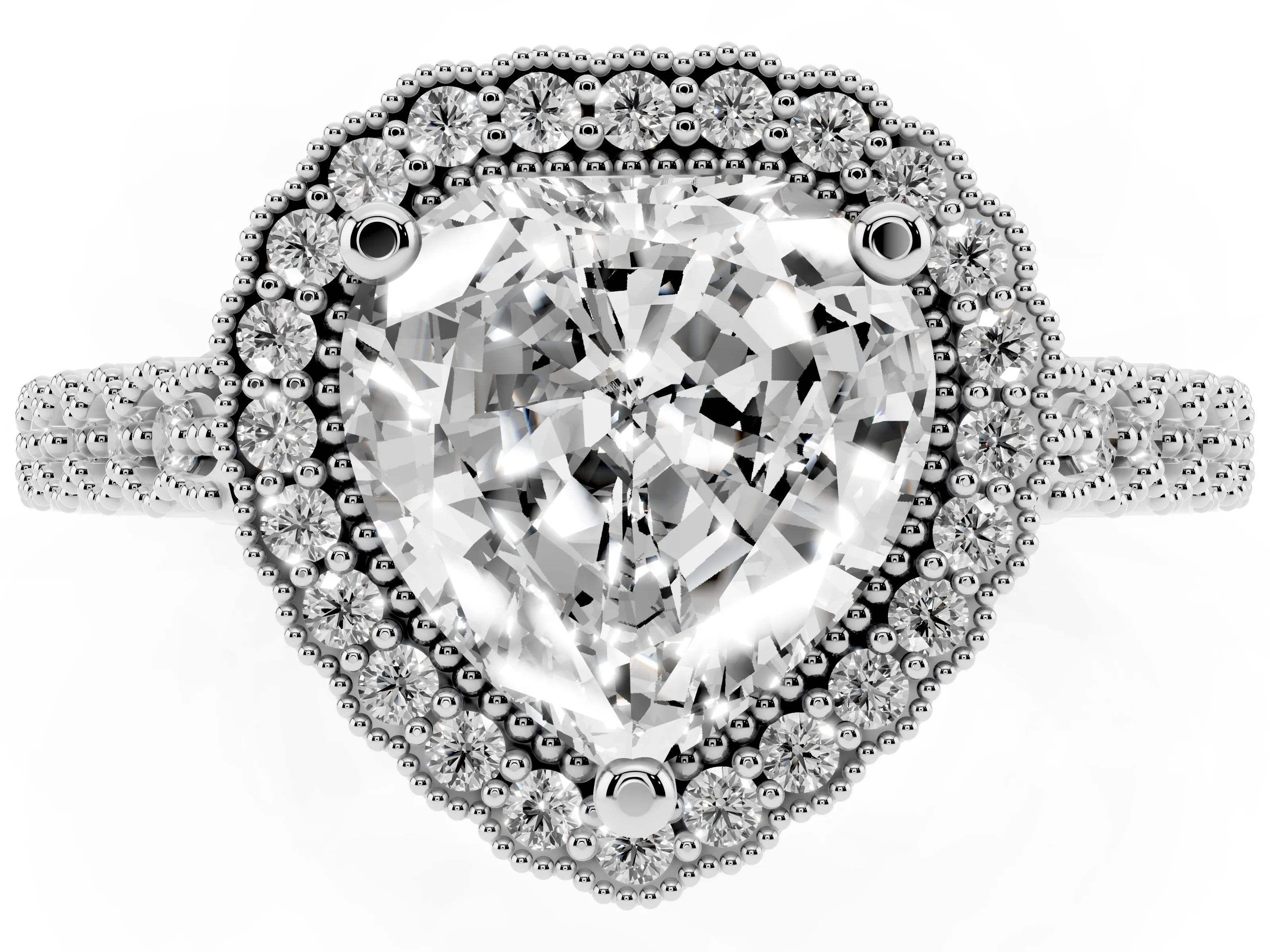 Heart Cut Diamond Halo Ring Set in Platinum with Pavé Milgrain Band