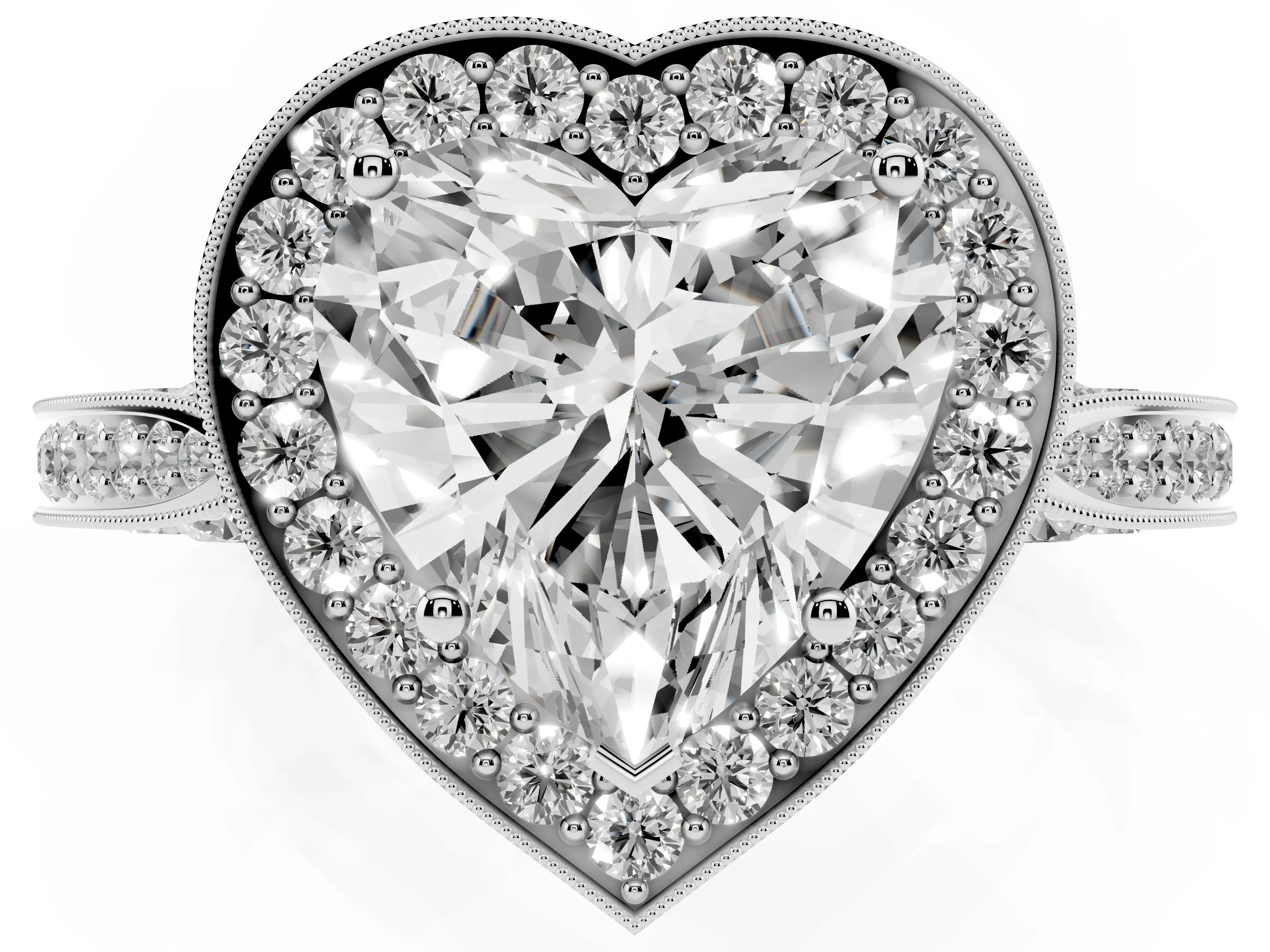 Heart Cut Diamond Halo Engagement Ring Set in Platinum with Accent Split Shank Band