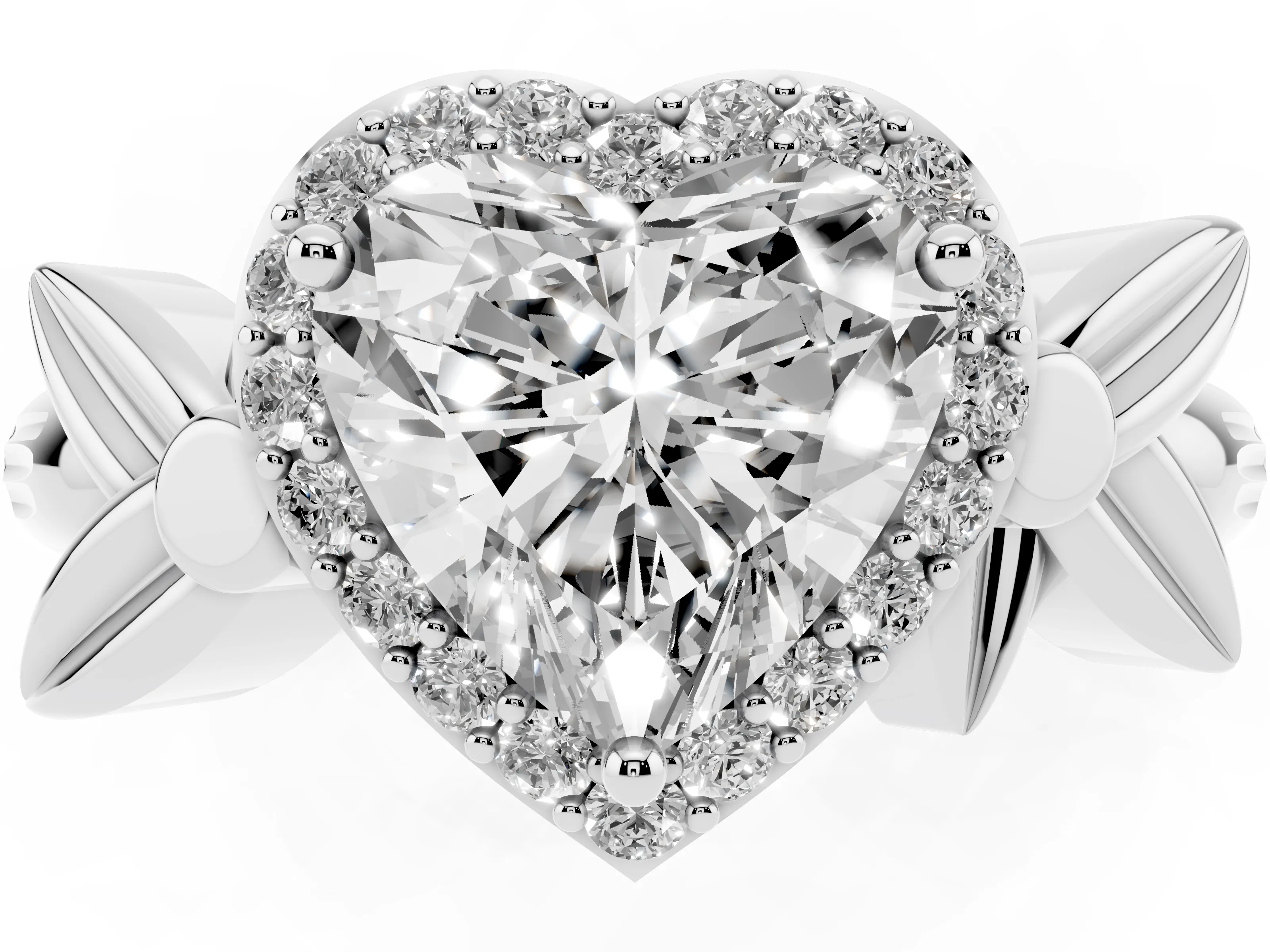Heart Cut Diamond Halo Floral Band Ring Set in Silver with Prong Setting