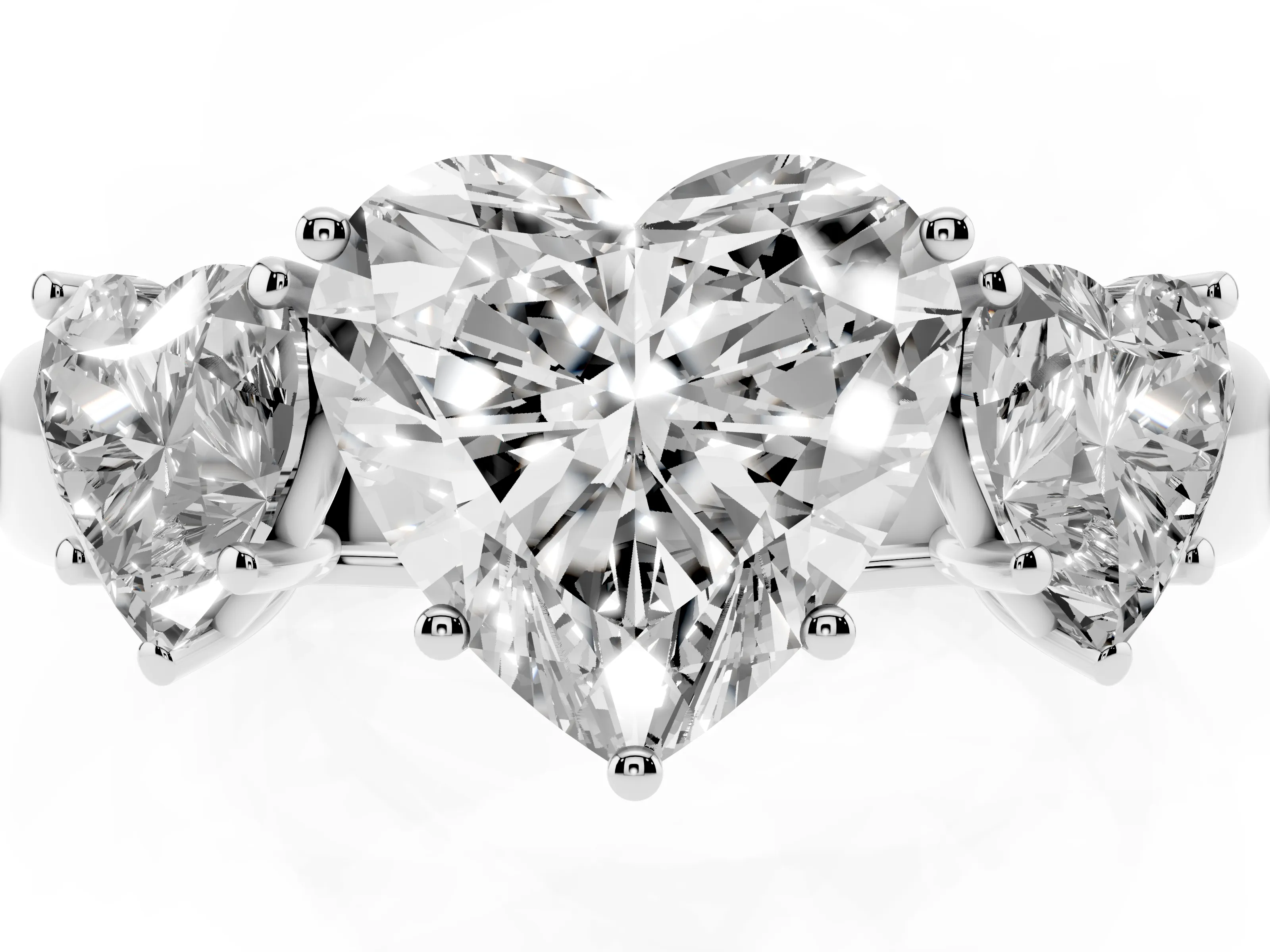 Three-Stone Heart Cut Diamond Ring Set in Platinum with Matching Prong Settings and Plain Band