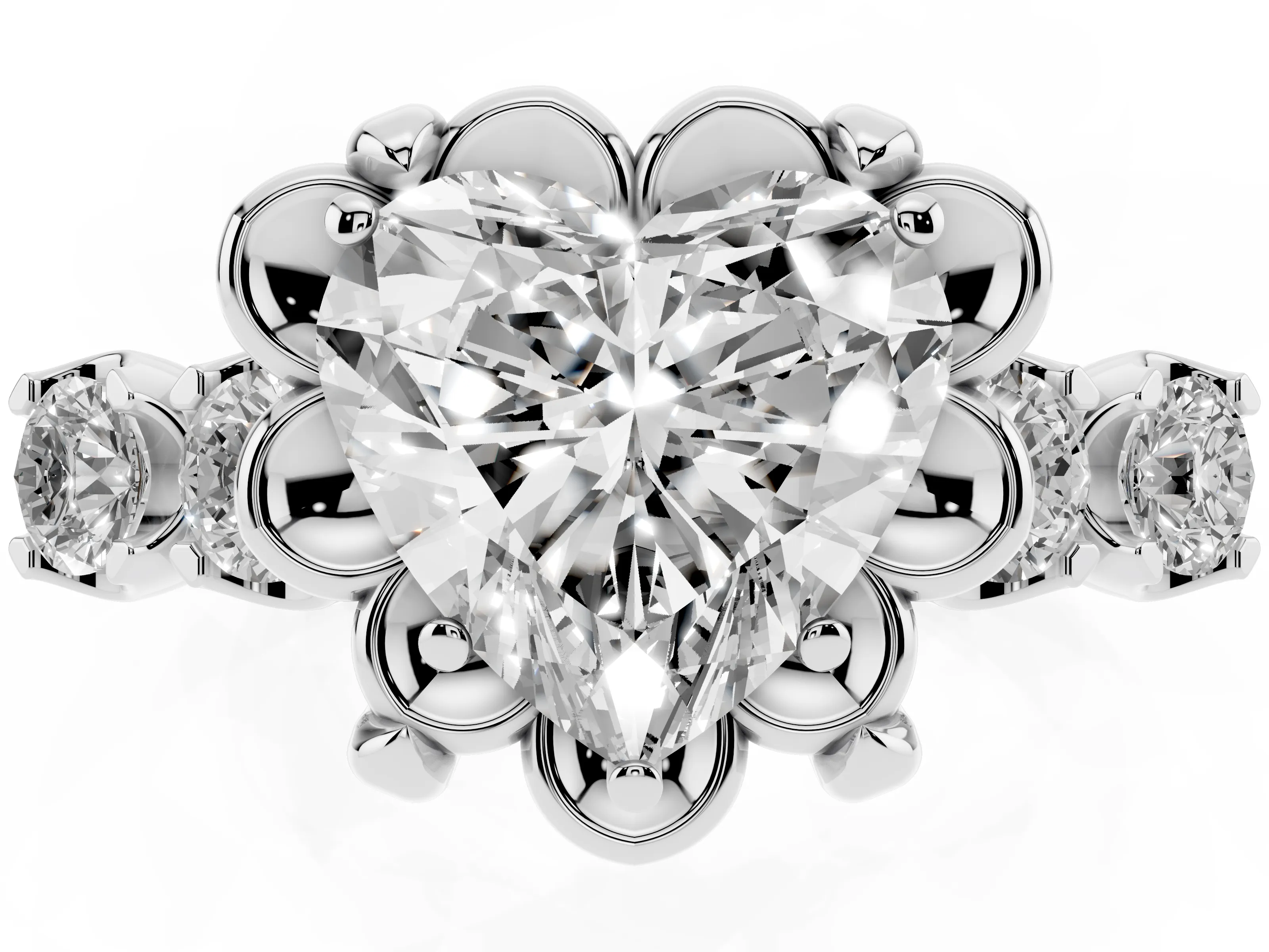 Heart Cut Diamond Floral Halo Ring Set in Platinum with Shared Prong Band