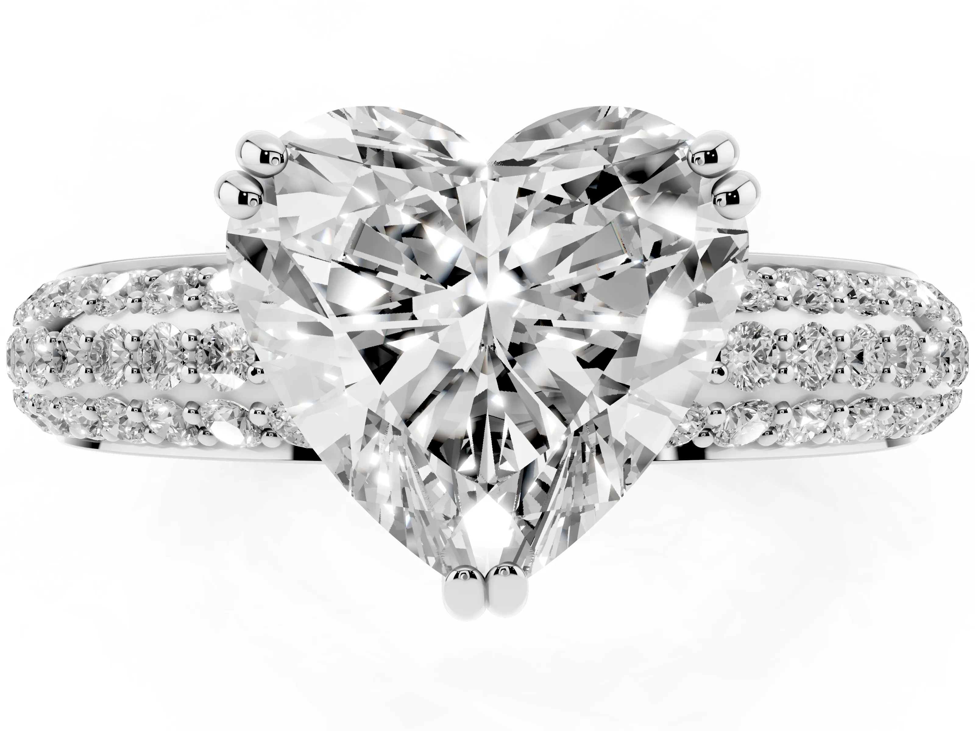 Heart Cut Diamond Solitaire Ring Set in Platinum with Multi-Row Round Pavé Band and Prong Setting