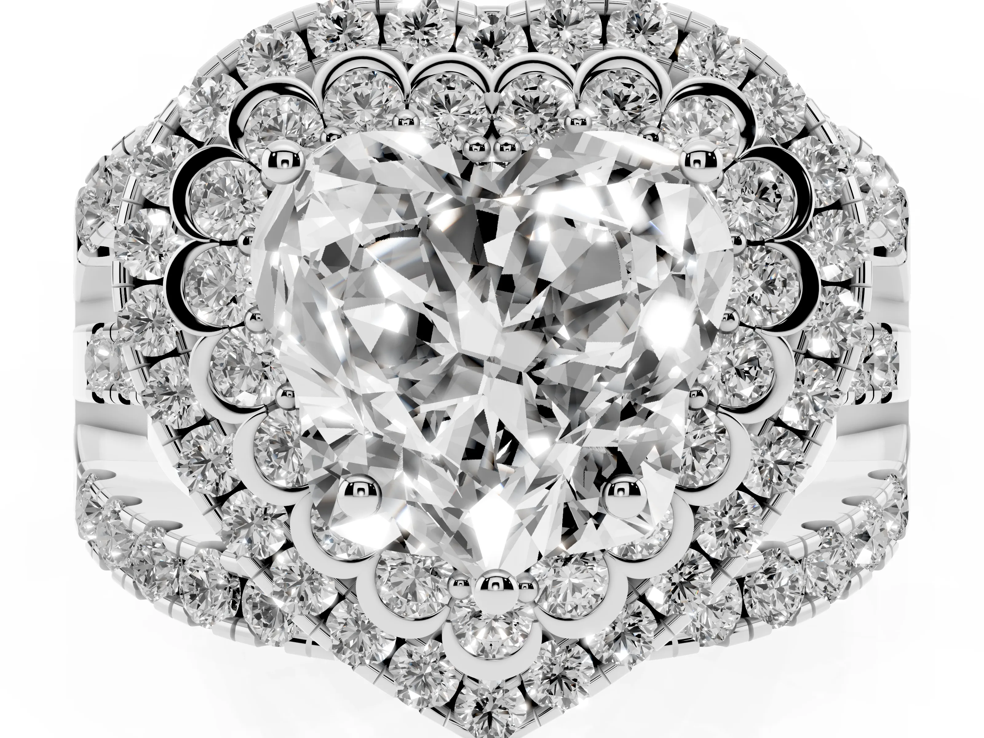 Heart Cut Diamond Double Halo Ring Set in Silver with Round Pavé Split Shank