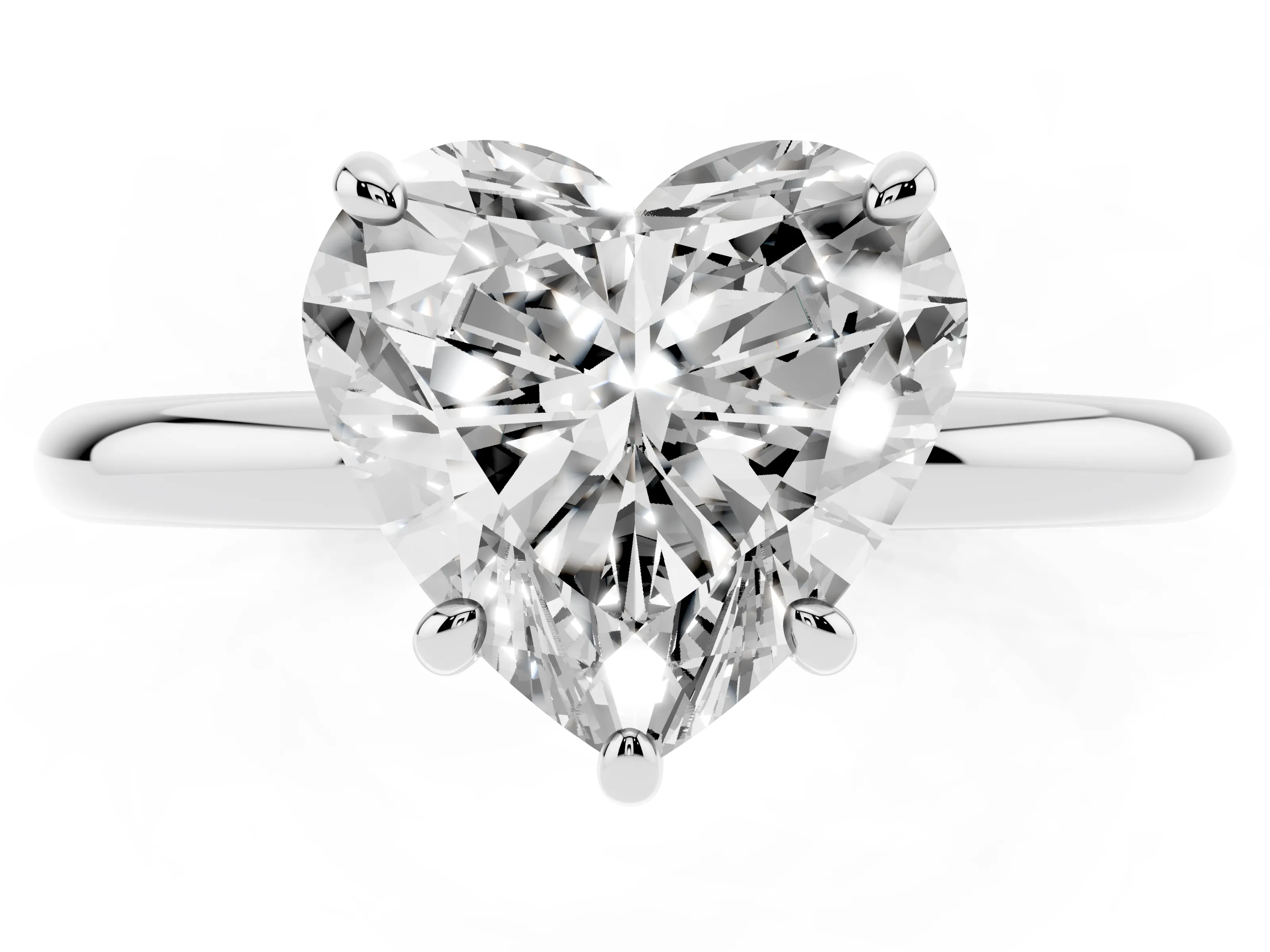 Heart Cut Diamond Solitaire Ring Set in Platinum with Prong Setting on a Polished Plain Band