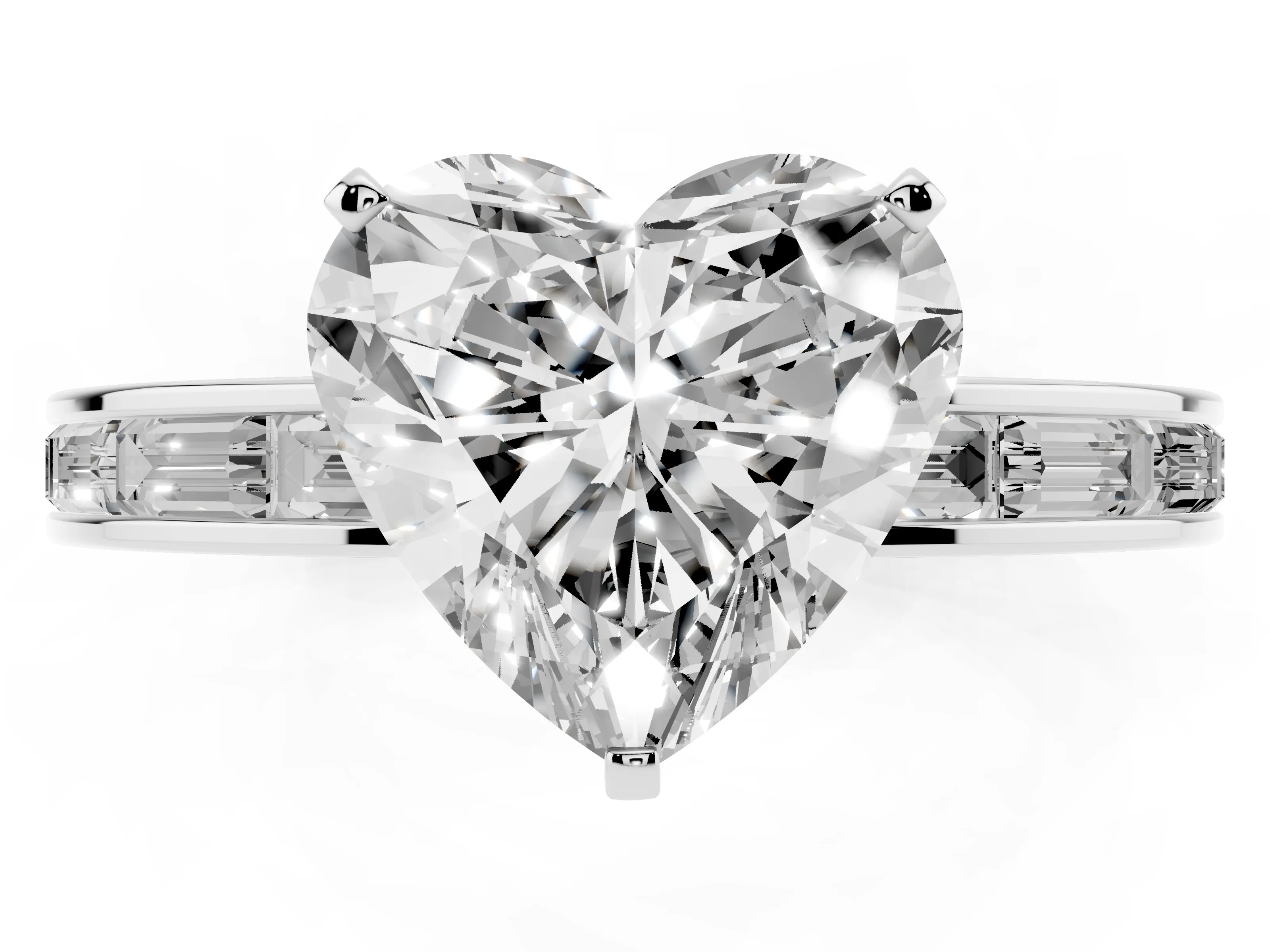 Heart Cut Diamond Solitaire Ring Set in White gold with Channel-Set Baguette Band and Prong Setting