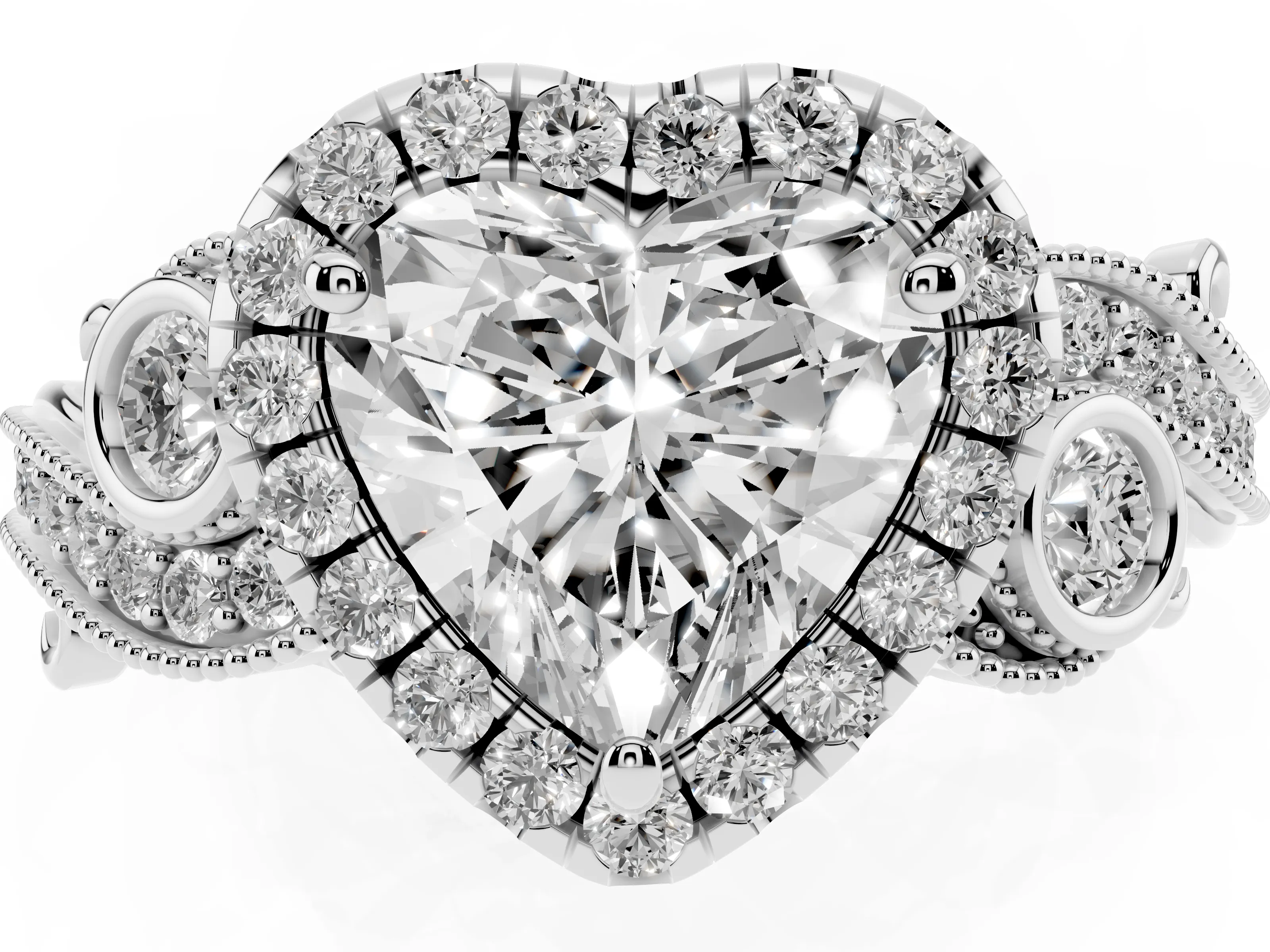 Heart Cut Diamond Halo Ring Set in Silver with Milgrain Pavé Band and Prong Setting