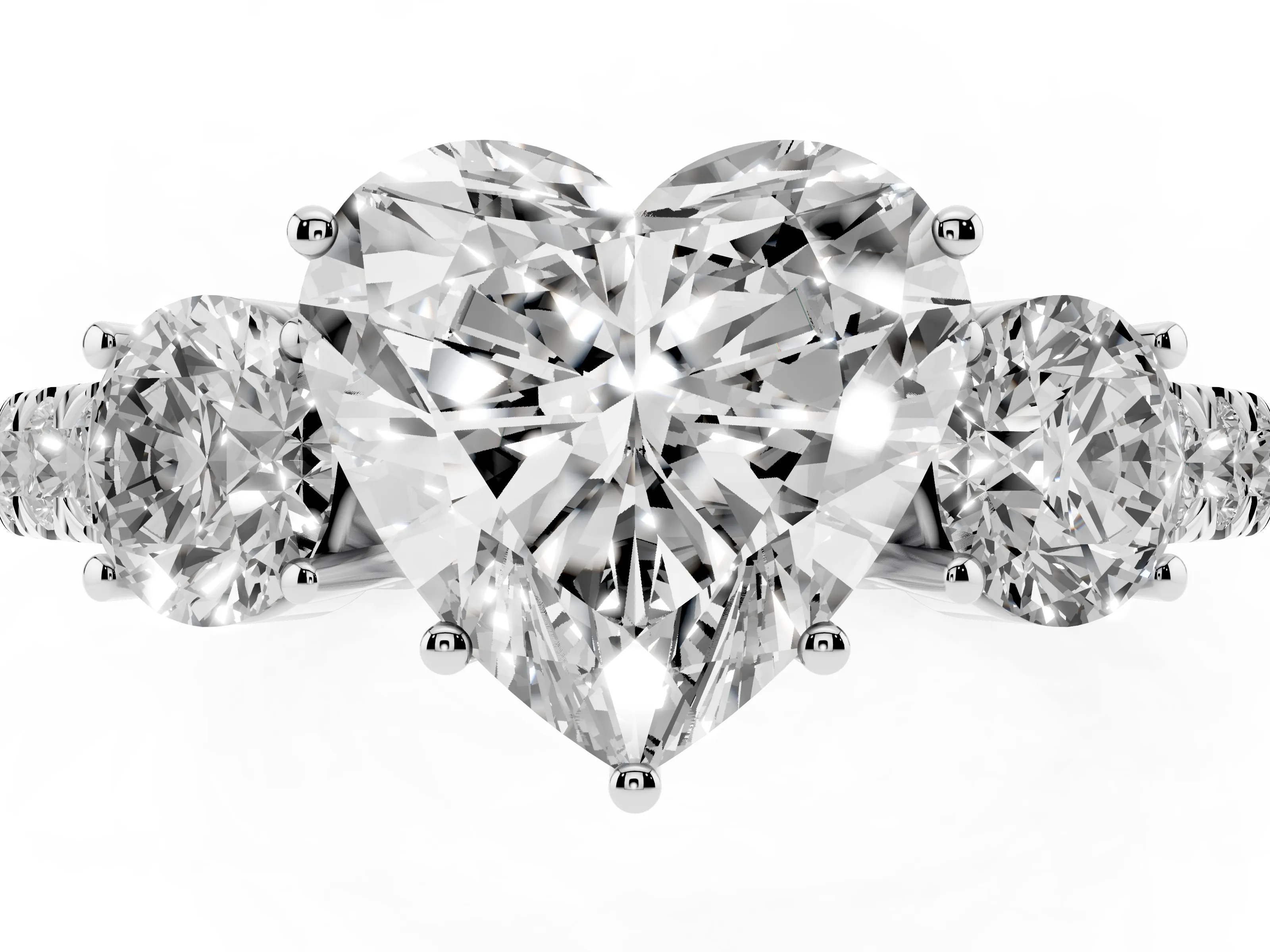 Heart Cut Diamond Three-Stone Ring Set in White gold with Round Side Stones and Delicate Pavé Band
