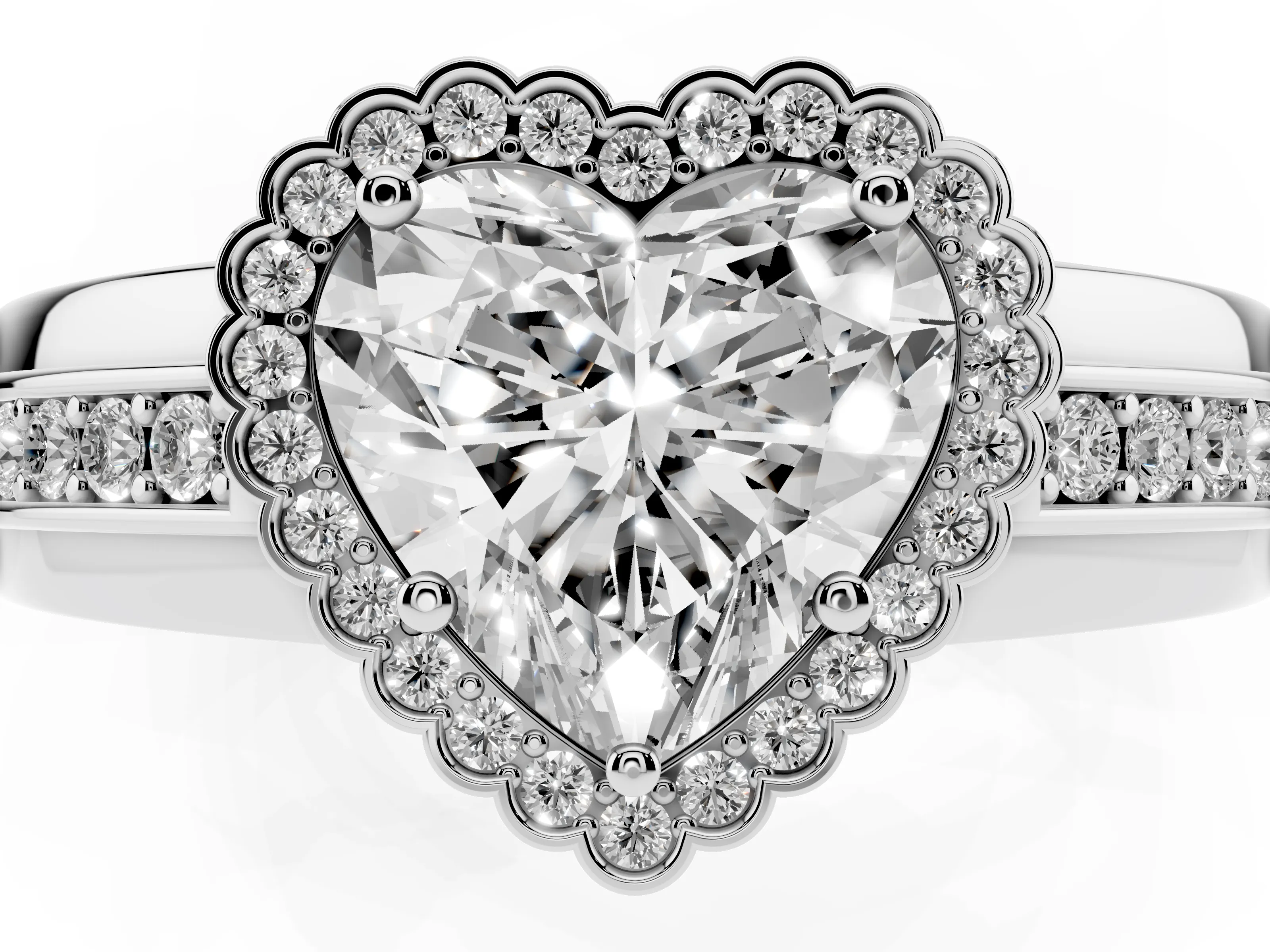 Heart Cut Diamond Halo Prong Ring Set in Platinum with Pavé Band
