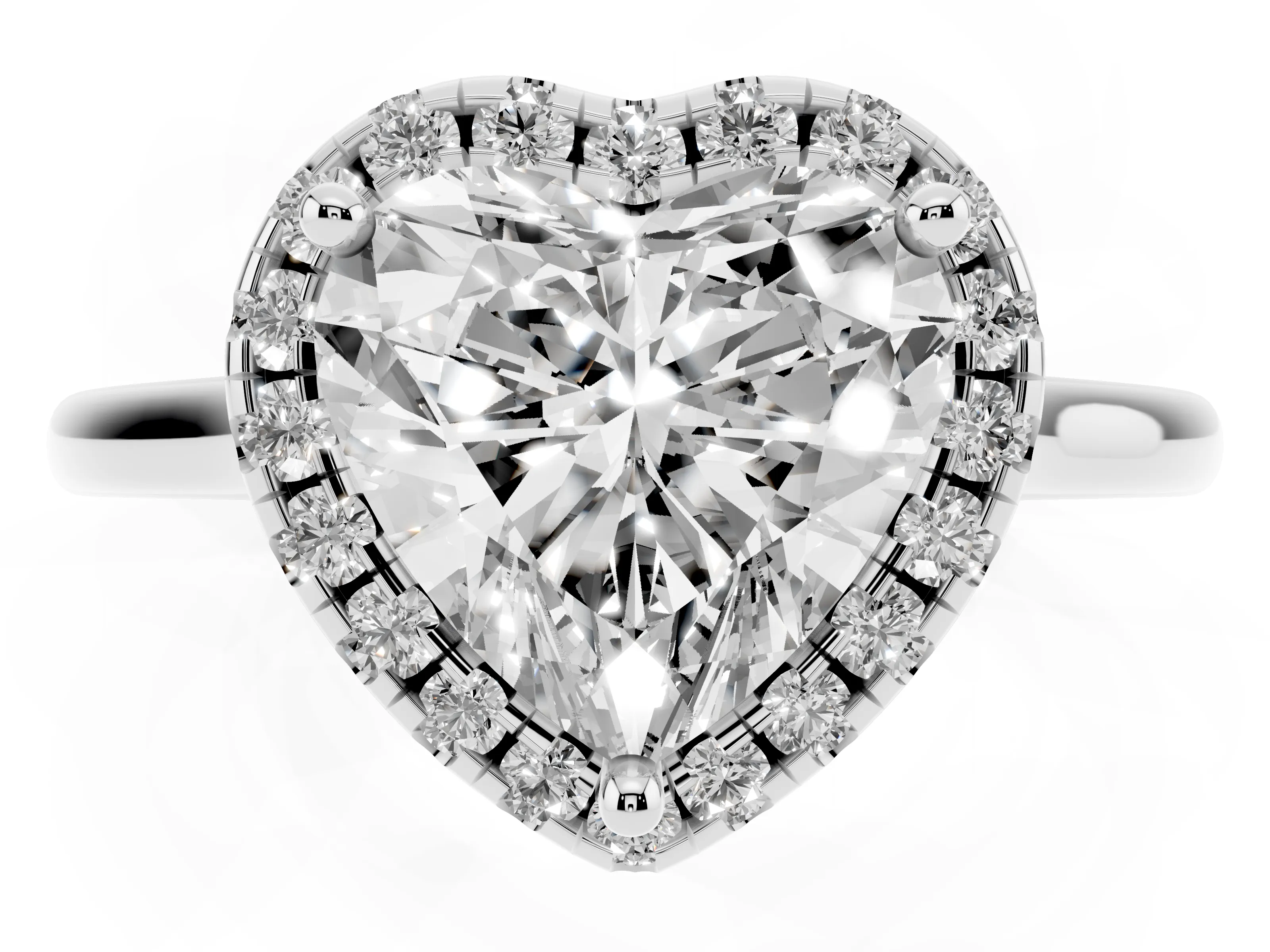 Heart Cut Diamond Halo Engagement Ring Set in Silver with Pavé Band and Rising Shoulders