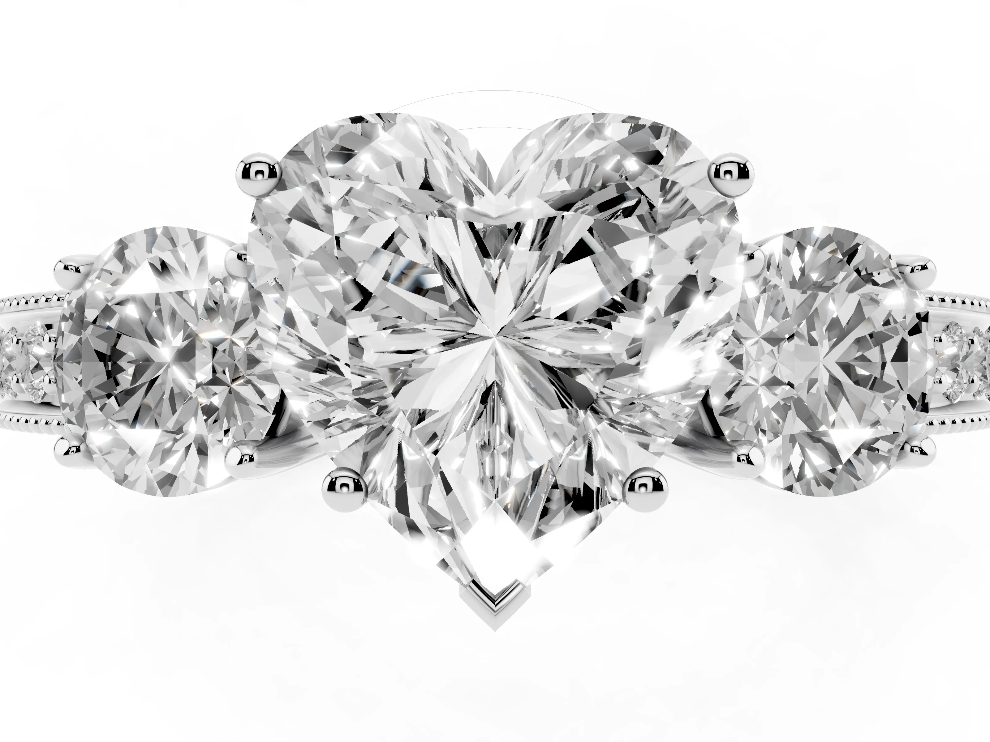 Heart Cut Diamond Three-Stone Ring Set in Platinum with Round Side Stones and Pavé Band