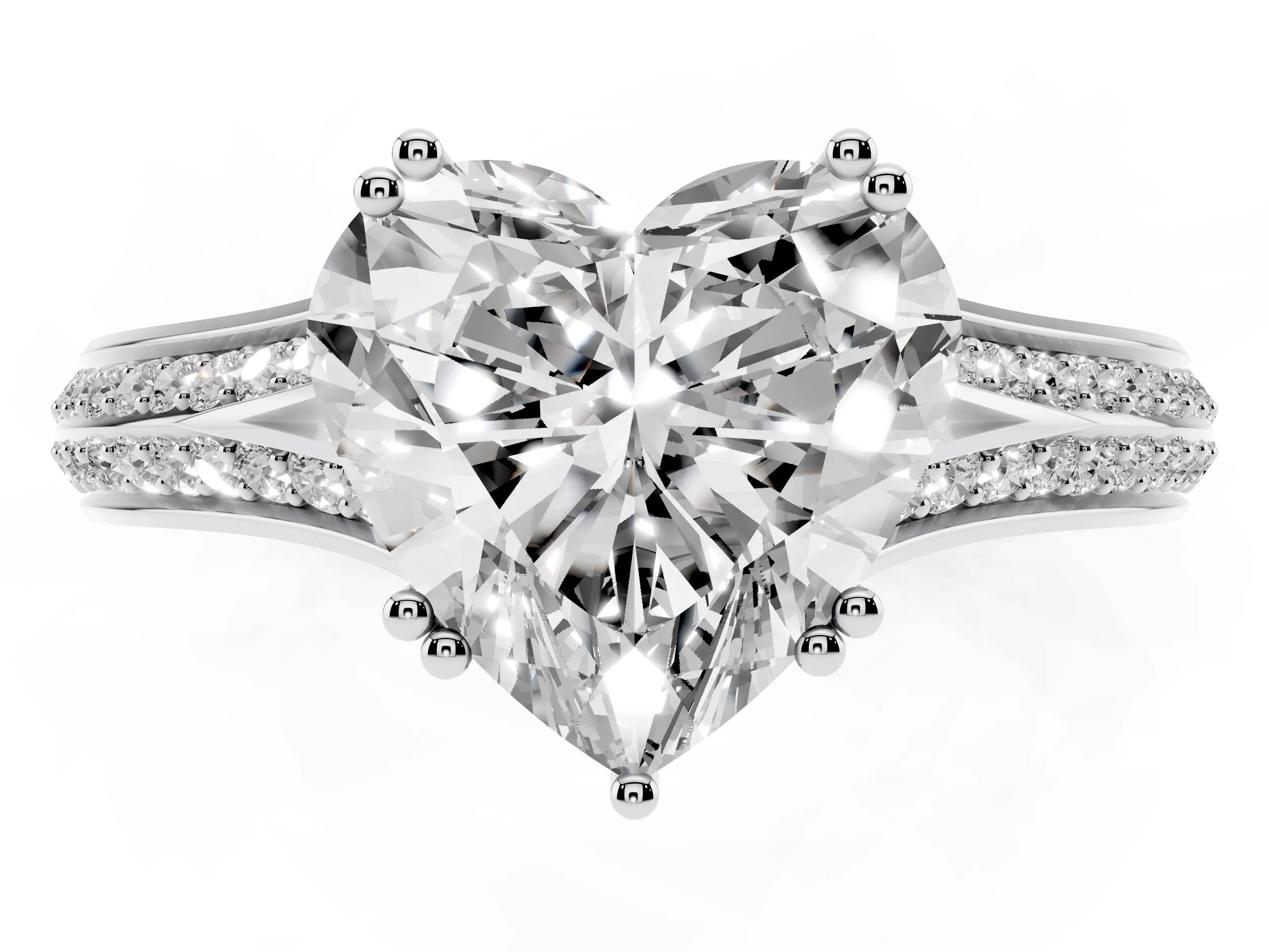 Heart Cut Diamond Split Shank Pavé Engagement Ring Set in White gold with Prong-Set Center Stone