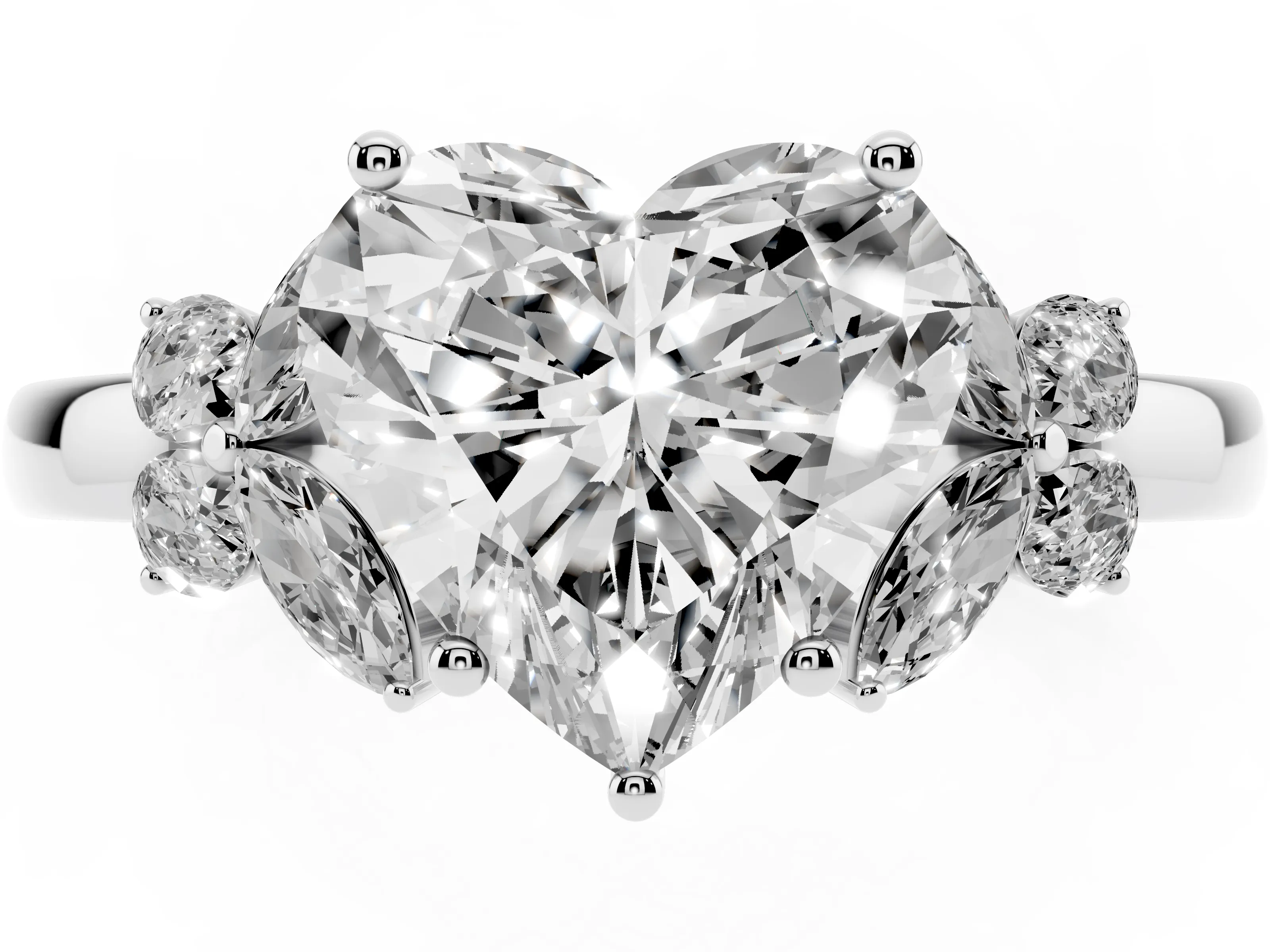 Heart Cut Diamond Solitaire Floral Ring Set in White gold with Marquise Petals and Prong Setting