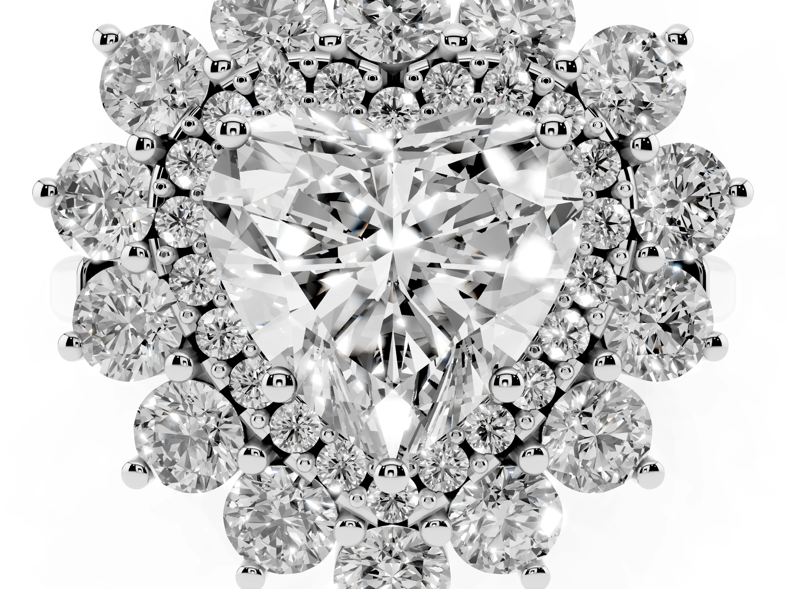 Heart Cut Diamond Floral Double Halo Ring Set in Platinum with Round Petals