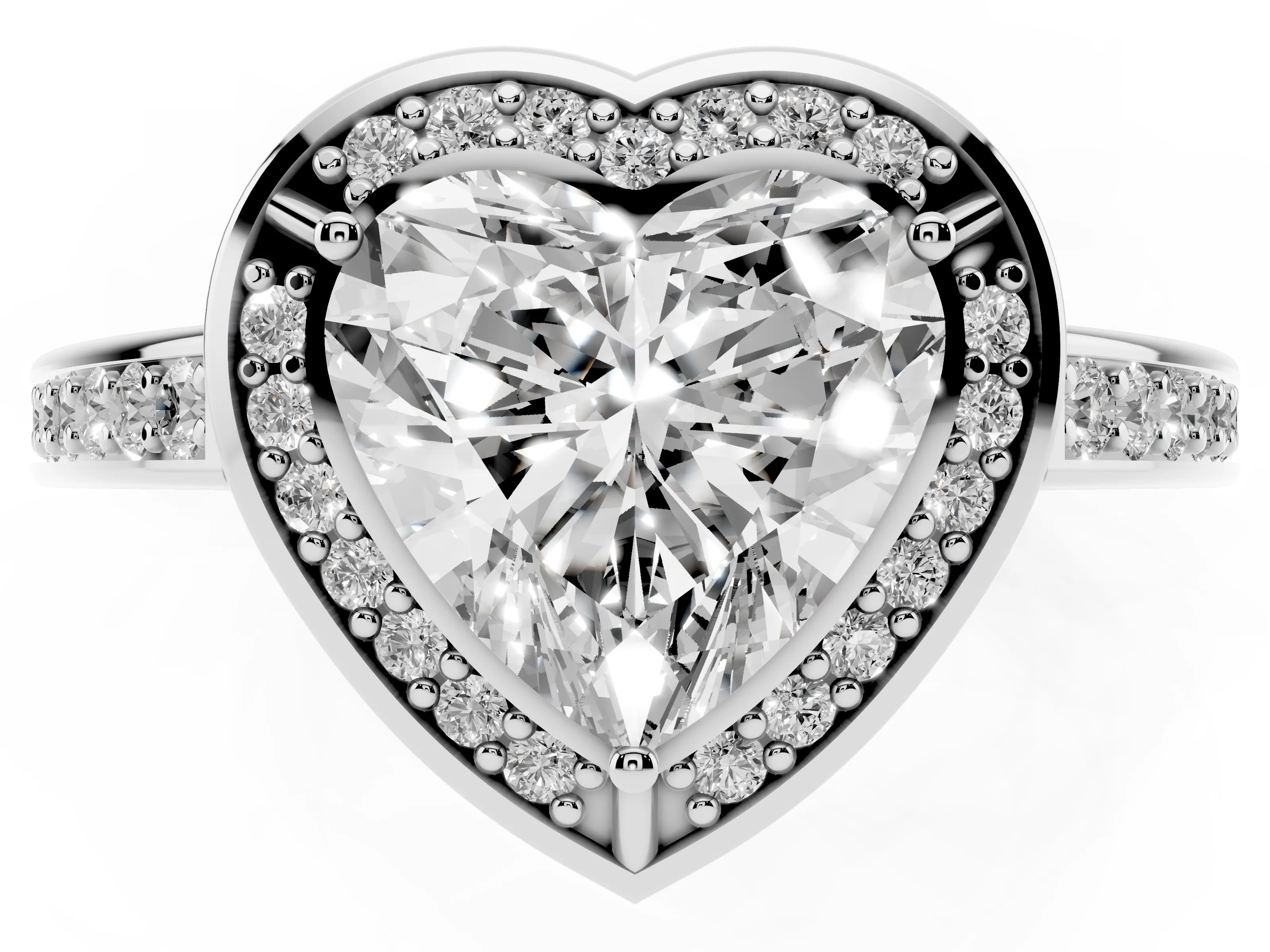 Heart Cut Diamond Halo Pavé Split Shank Ring Set in White gold with Prong Setting