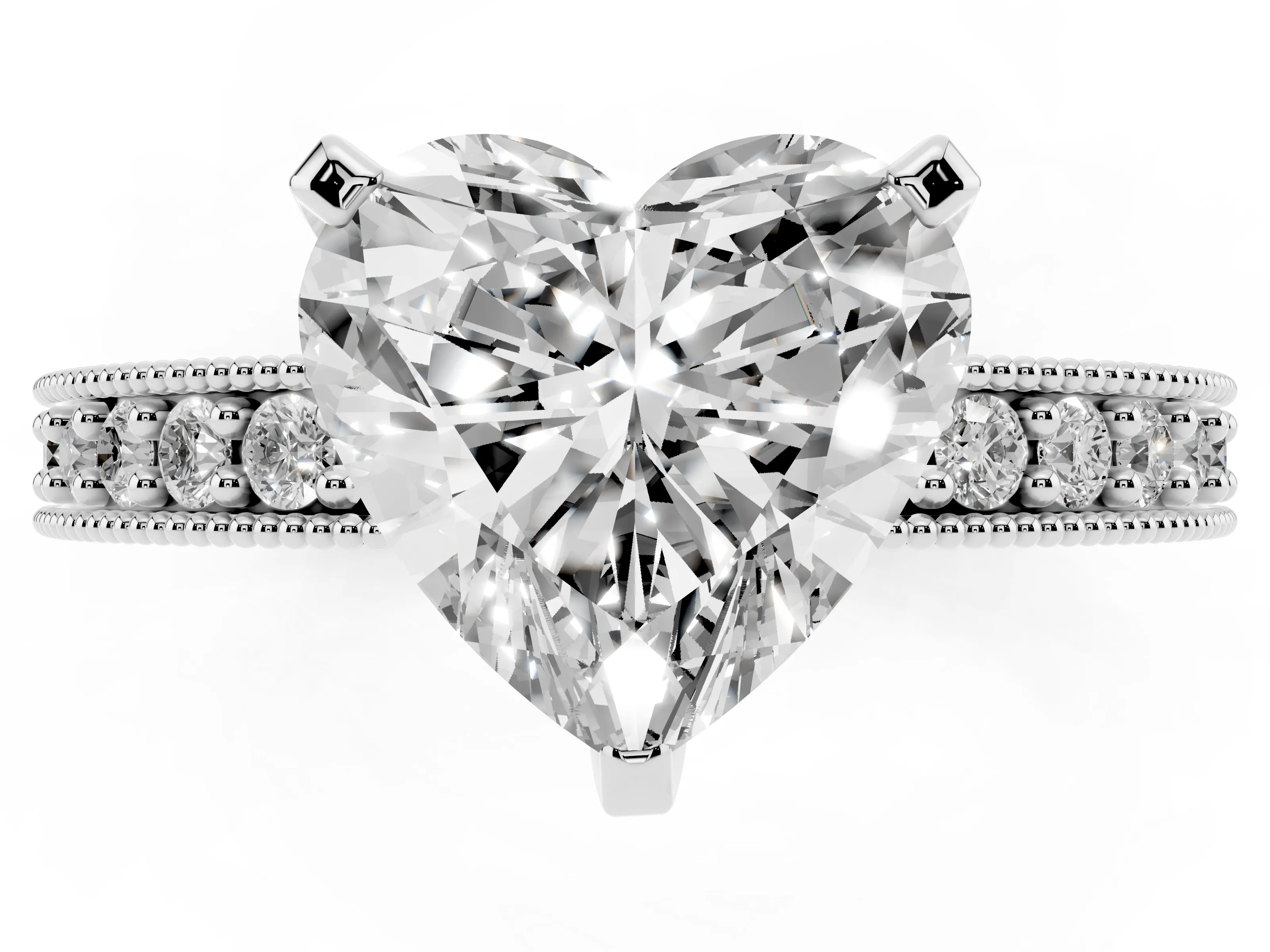 Heart Cut Diamond Milgrain Pavé Engagement Ring Set in Silver with Prong Setting