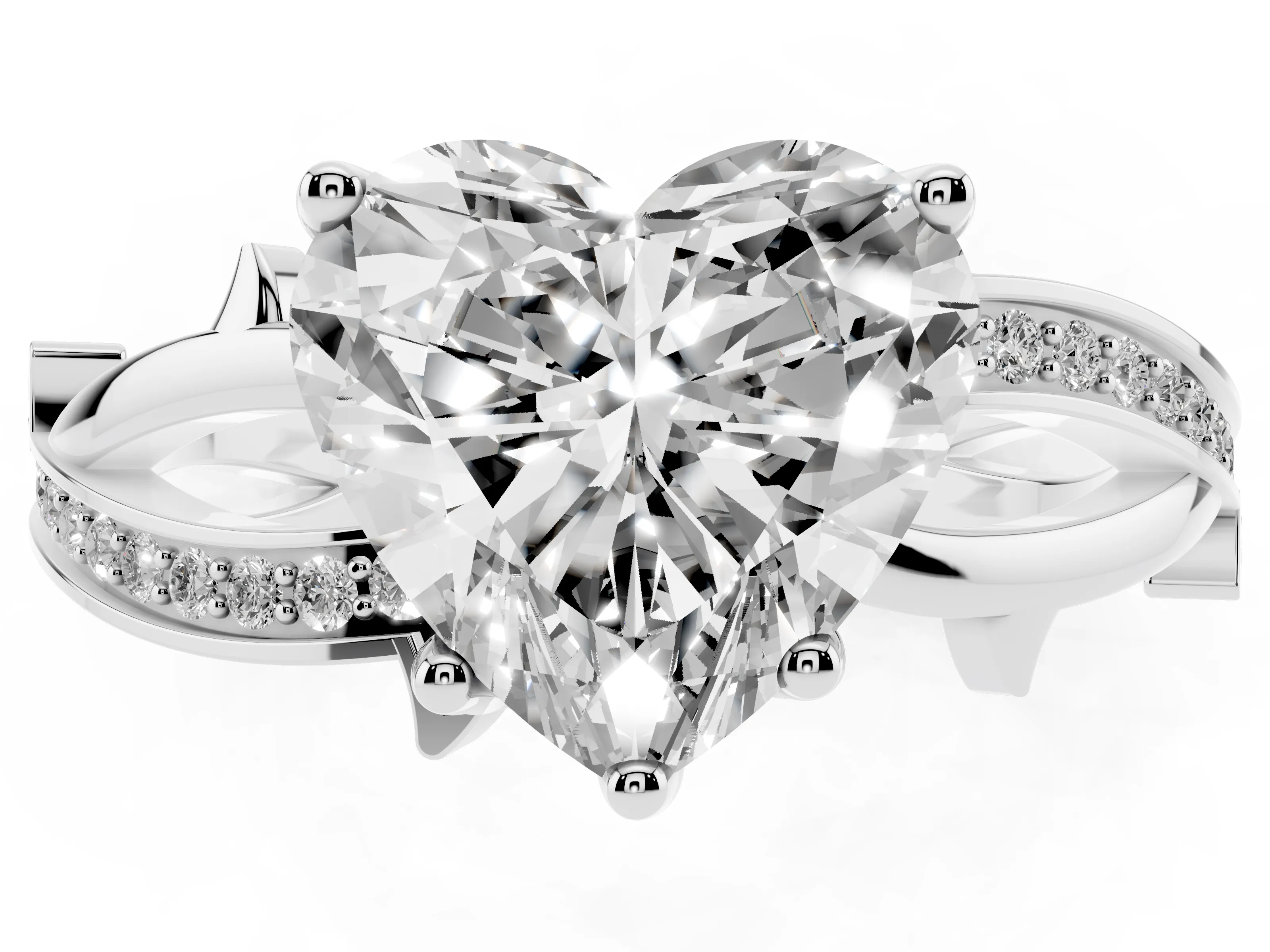 Heart Cut Diamond Pavé Twist Band Solitaire Ring Set in White gold with Prong Setting
