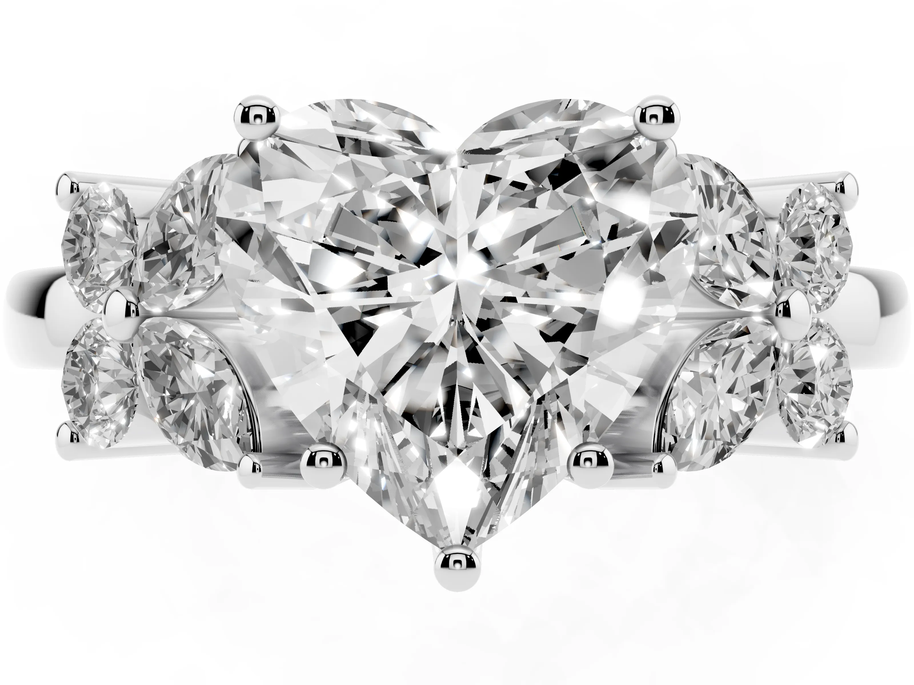 Heart Cut Diamond Floral Cluster Ring Set in Platinum with Marquise Petals and Prong Setting