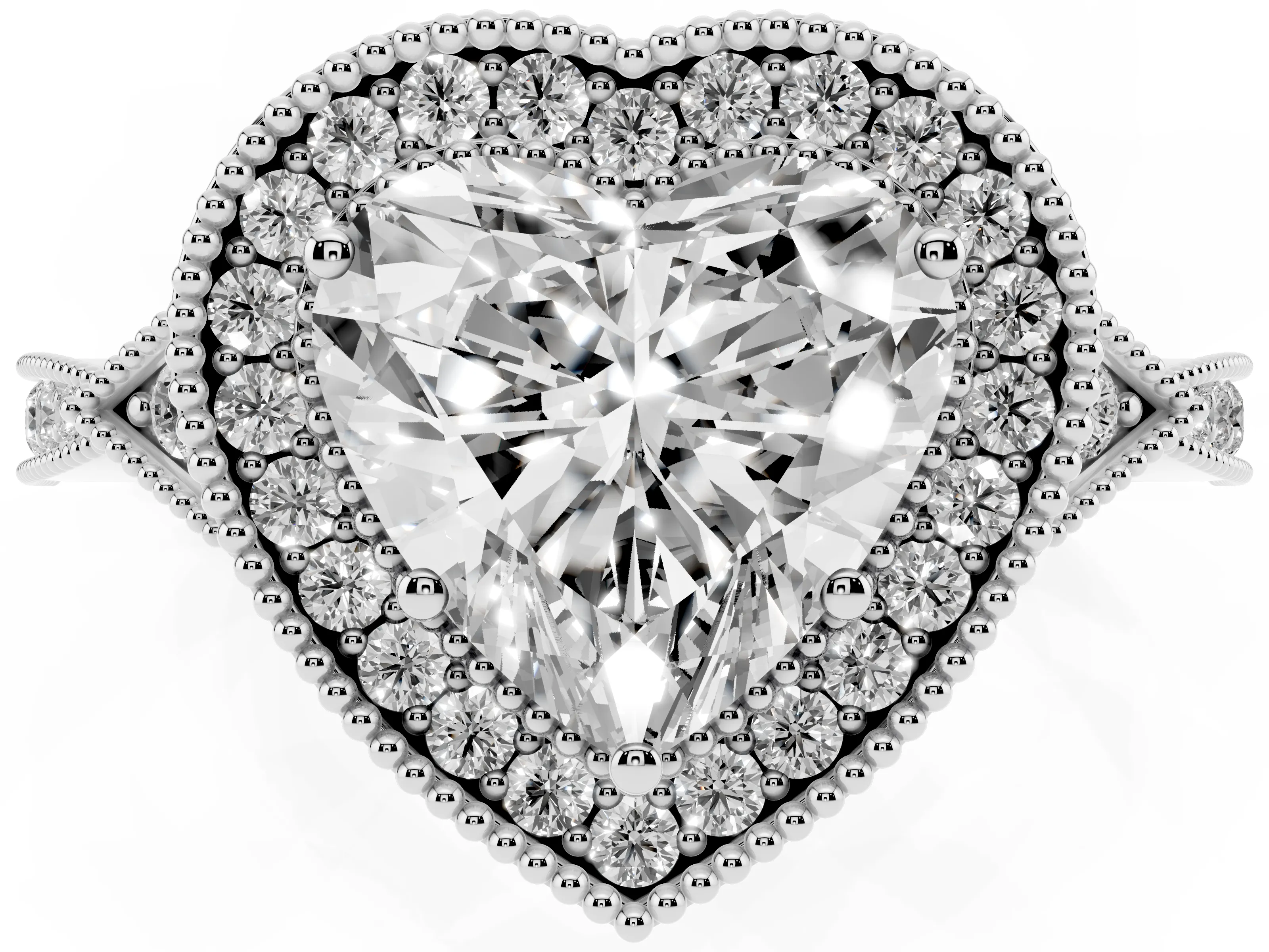 Heart Cut Diamond Halo Engagement Ring Set in White gold with Milgrain Pavé Band