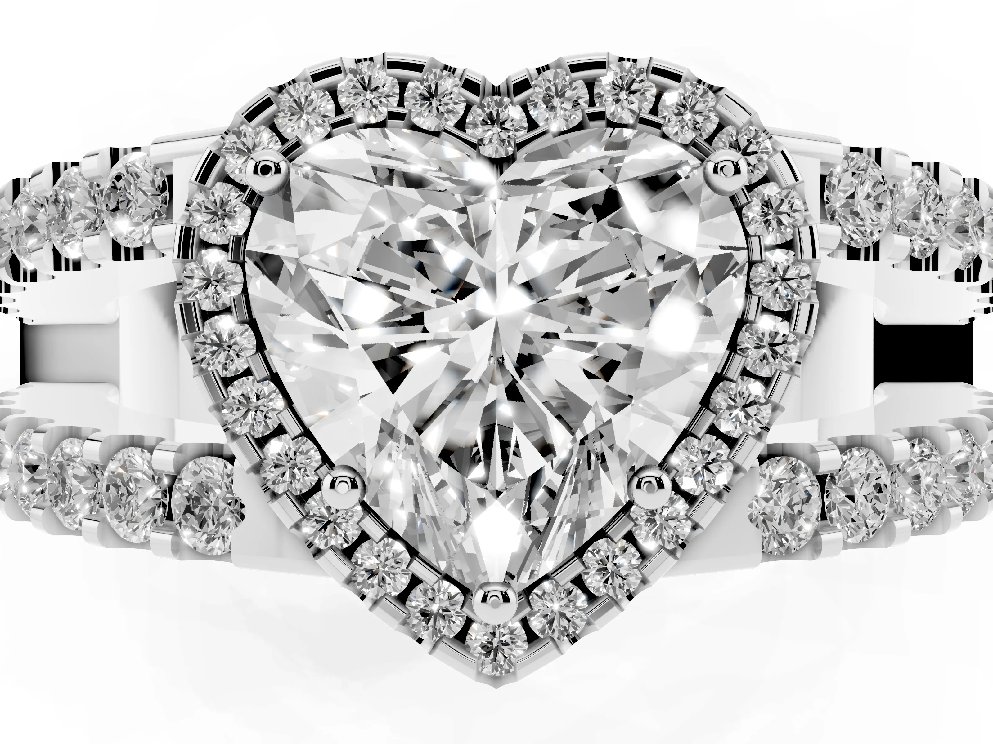 Heart Cut Diamond Halo Ring Set in White gold with Pavé Split Shank and Prong Setting