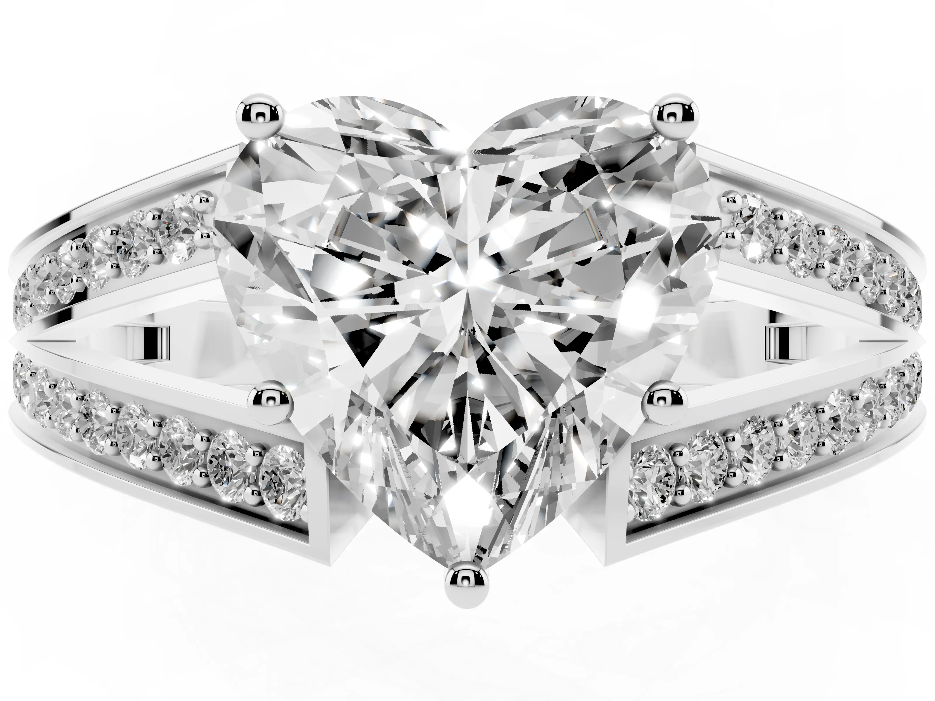 Heart Cut Diamond Split Shank Ring Set in Platinum with Pavé Band and Prong Setting