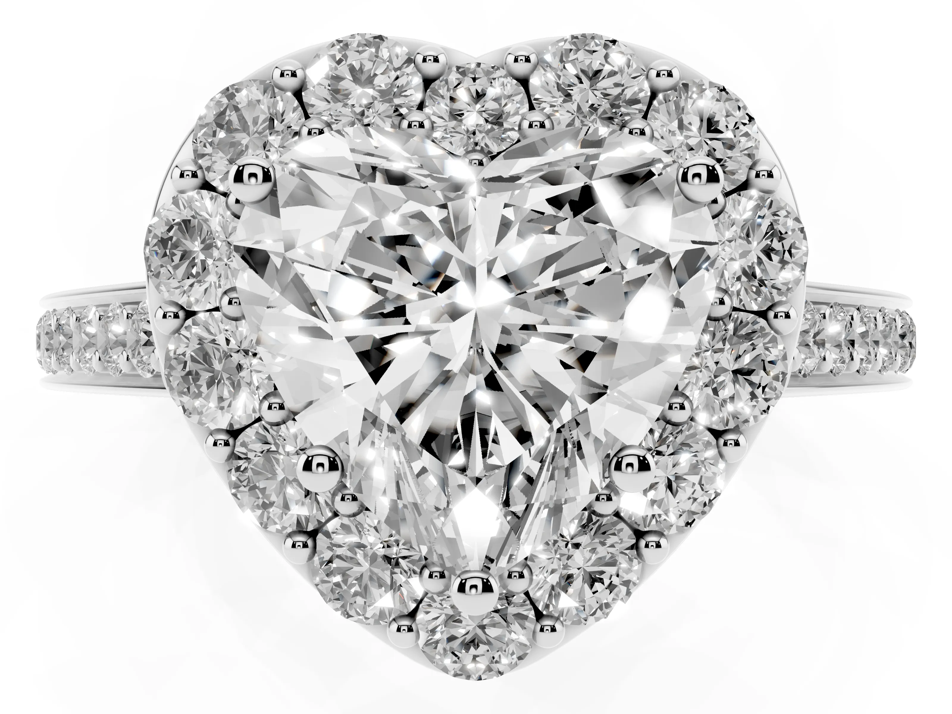 Heart Cut Diamond Floral Halo Ring Set in White gold with Pavé Band and Prong Setting