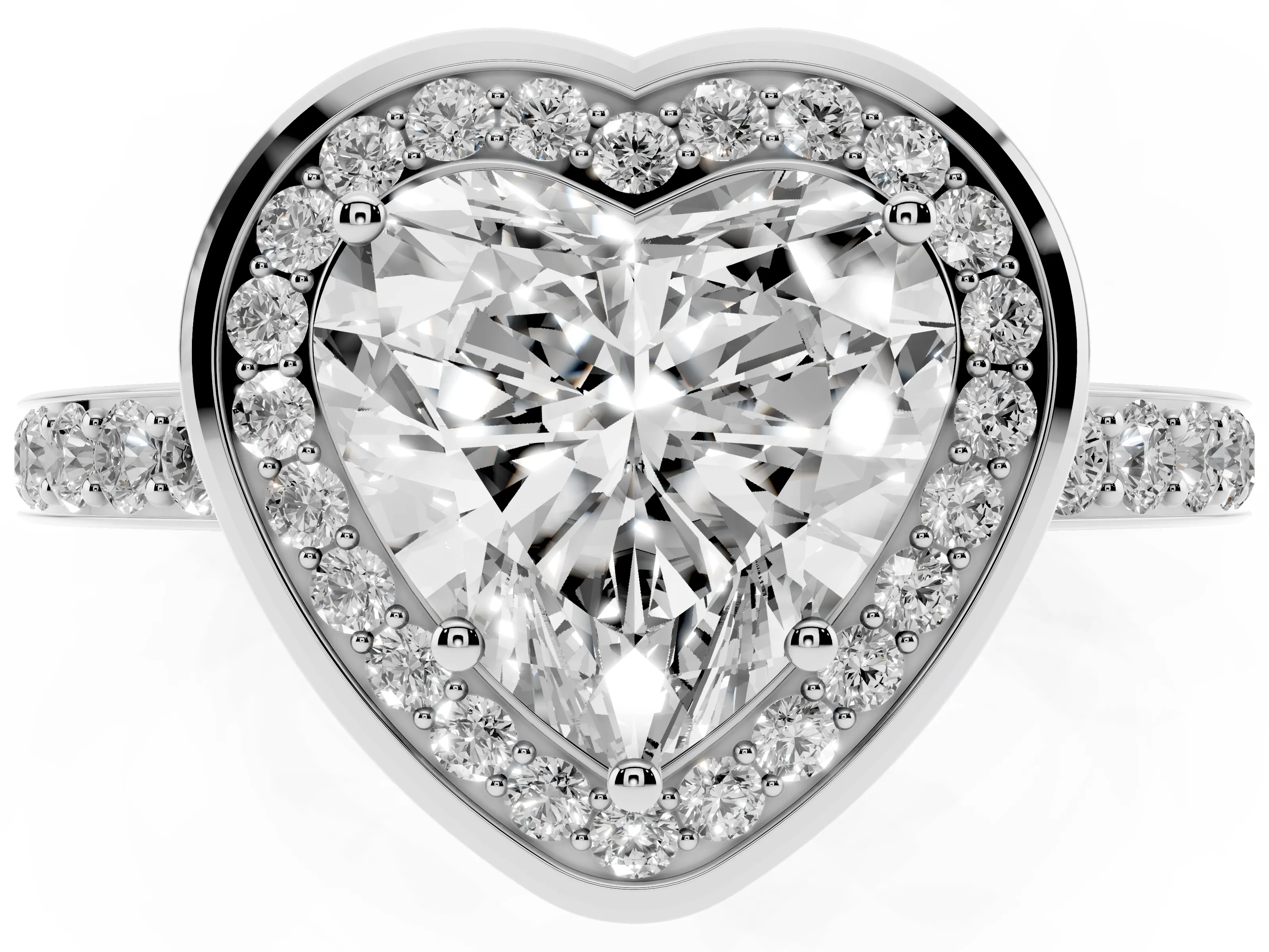 Heart Cut Diamond Halo Ring Set in White gold with Bezel Frame and Pavé Band