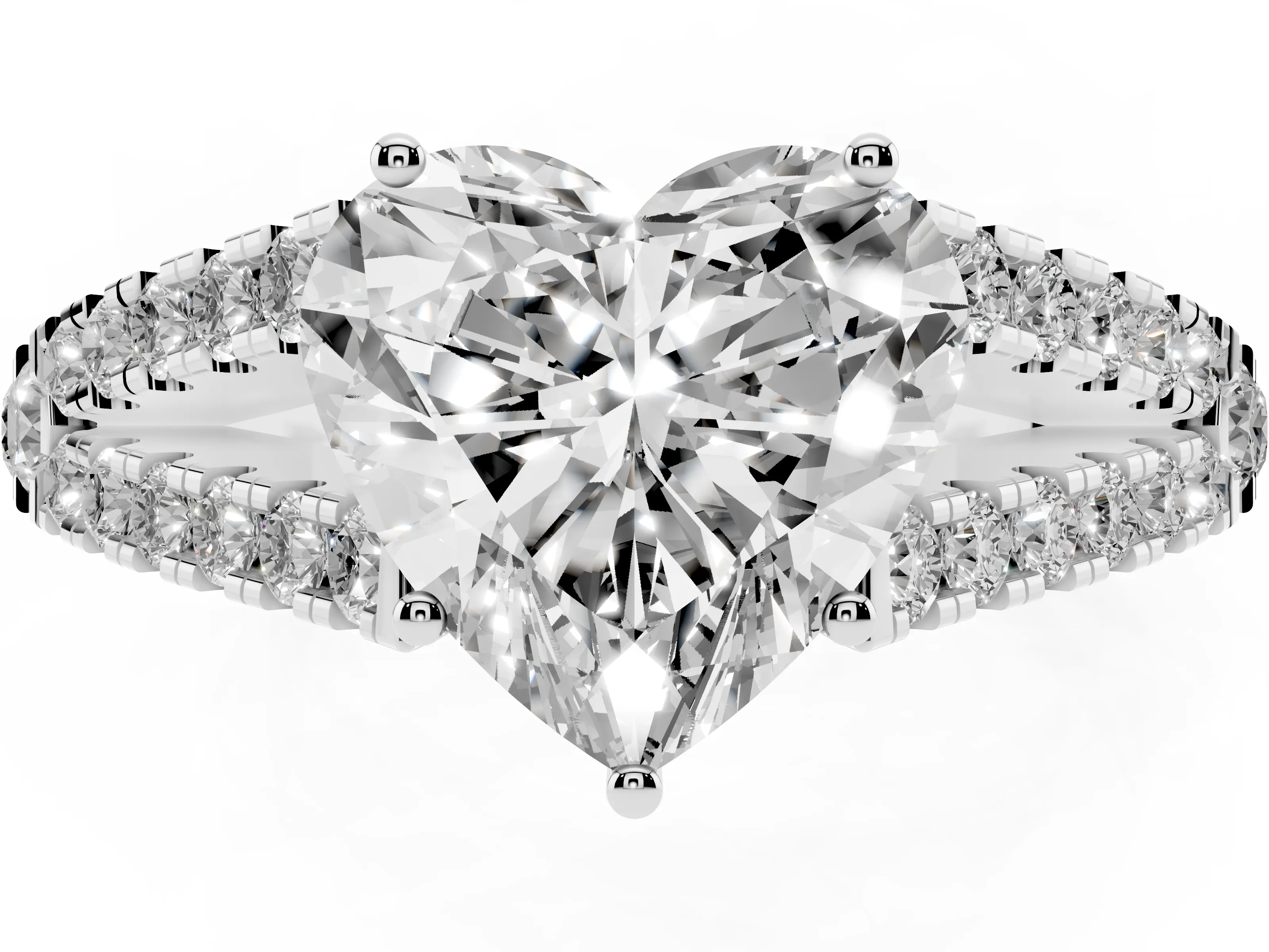 Heart Cut Diamond Split Shank Pavé Engagement Ring Set in Platinum with Prong-Held Center Stone