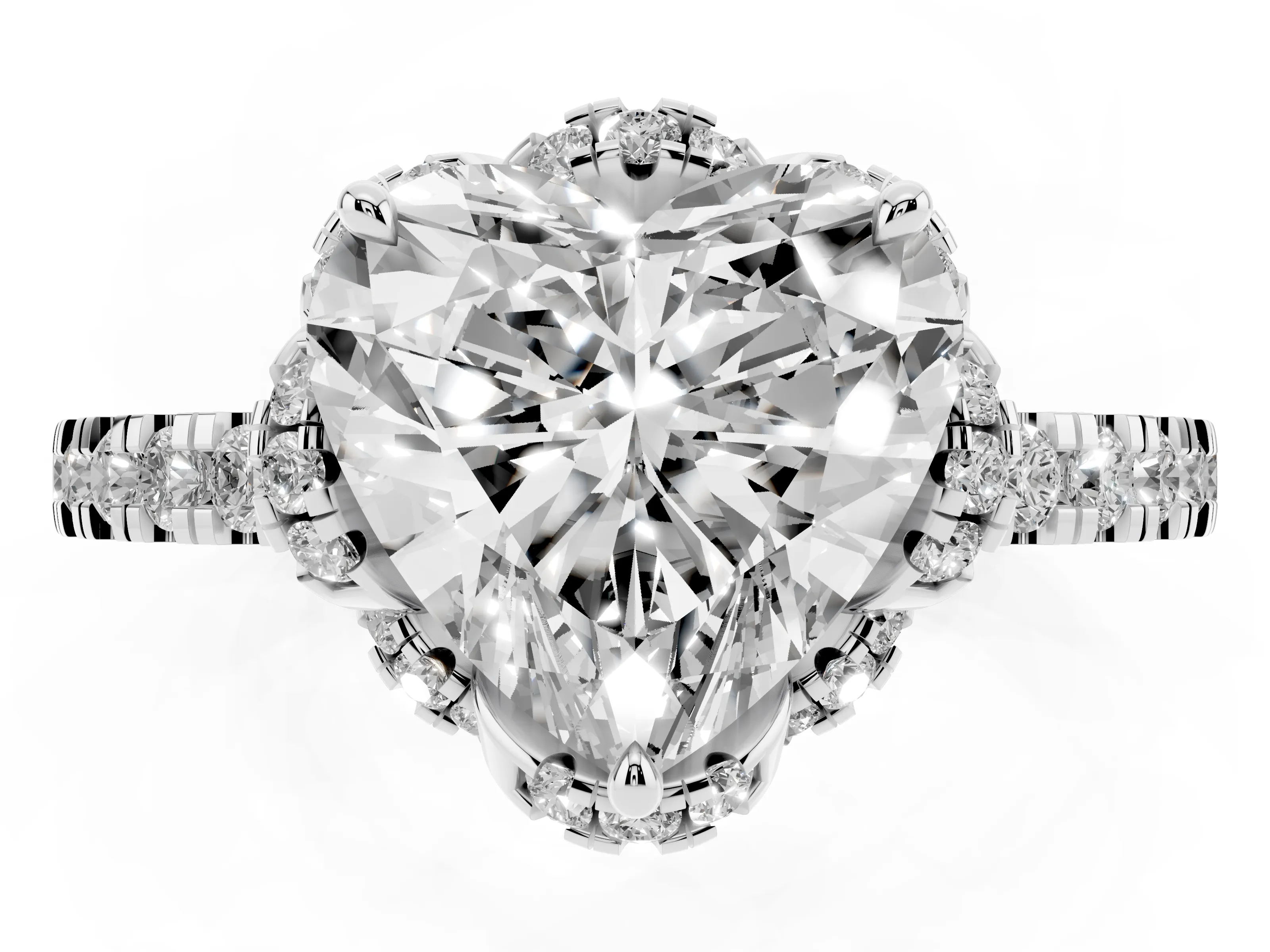 Heart Cut Diamond Halo Pavé Band Ring Set in Platinum with Prong-Held Center