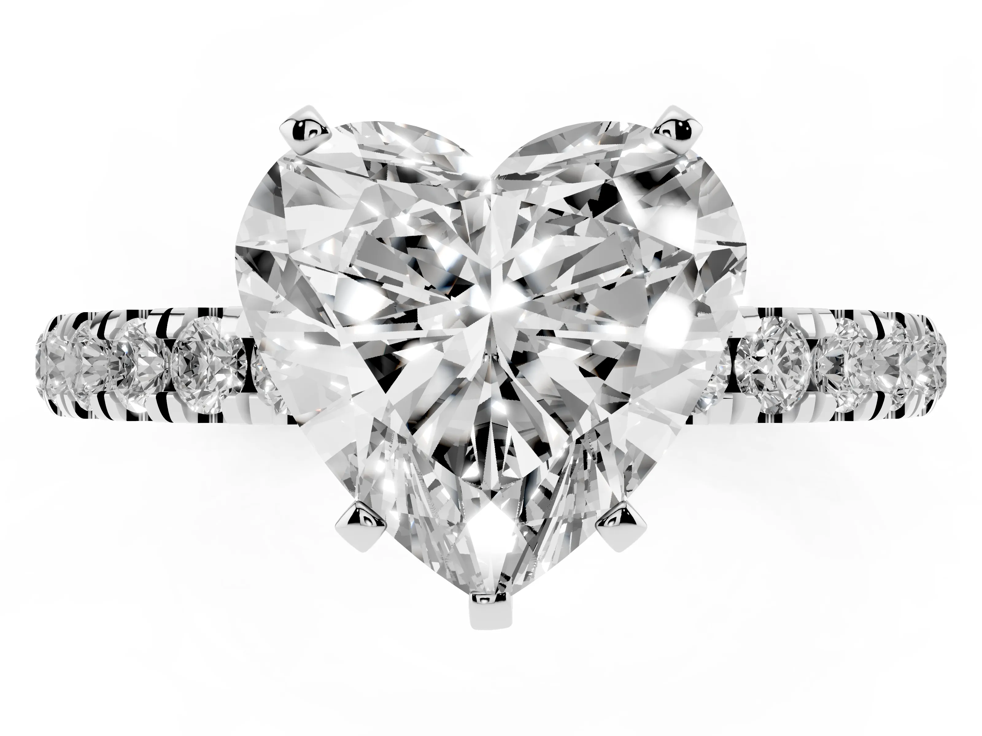 Heart Cut Diamond Solitaire Ring Set in Platinum with Pavé Accents and Prong Setting
