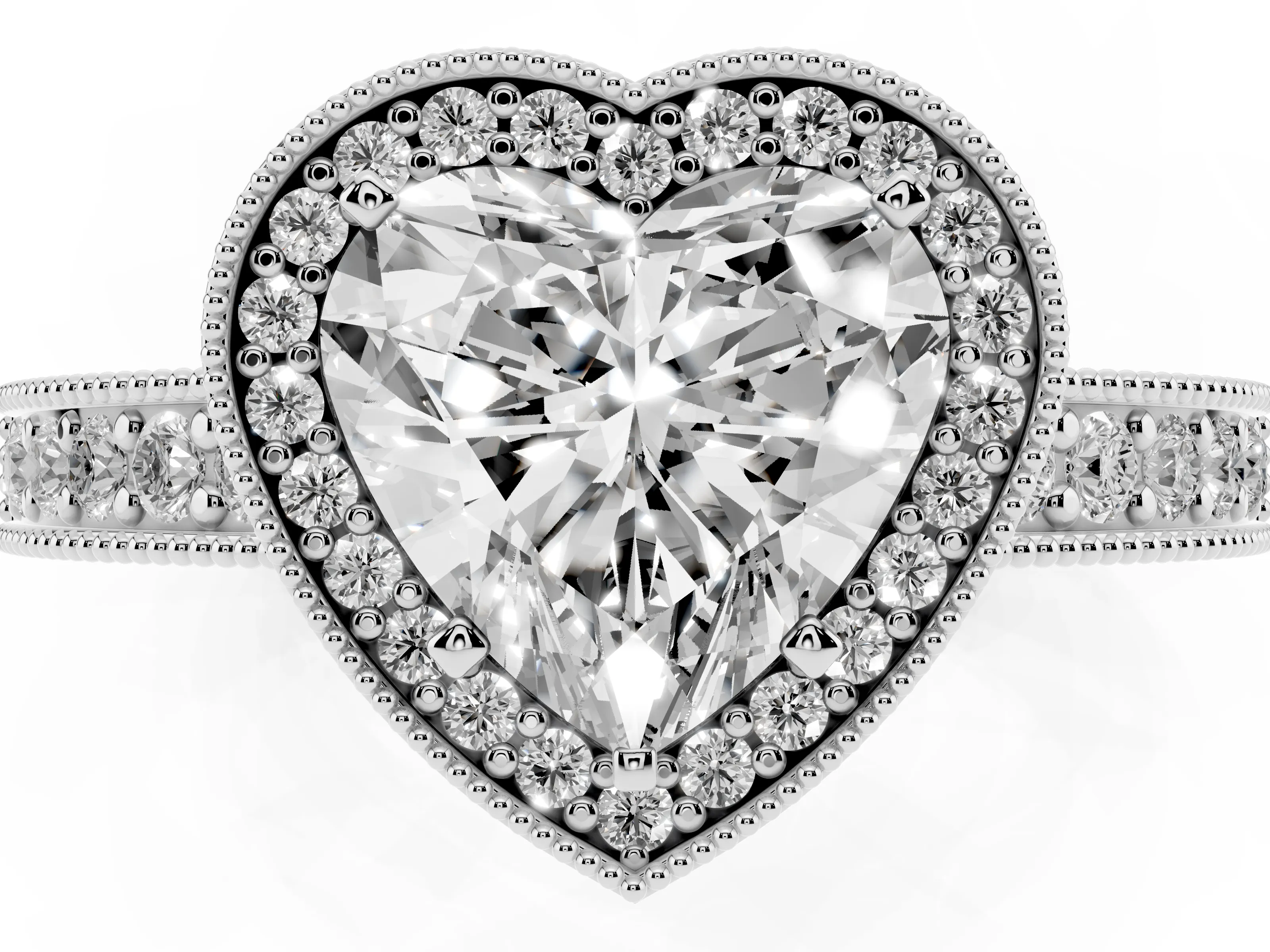 Heart Cut Diamond Halo Pavé Band Ring Set in Platinum with Prong-Set Center