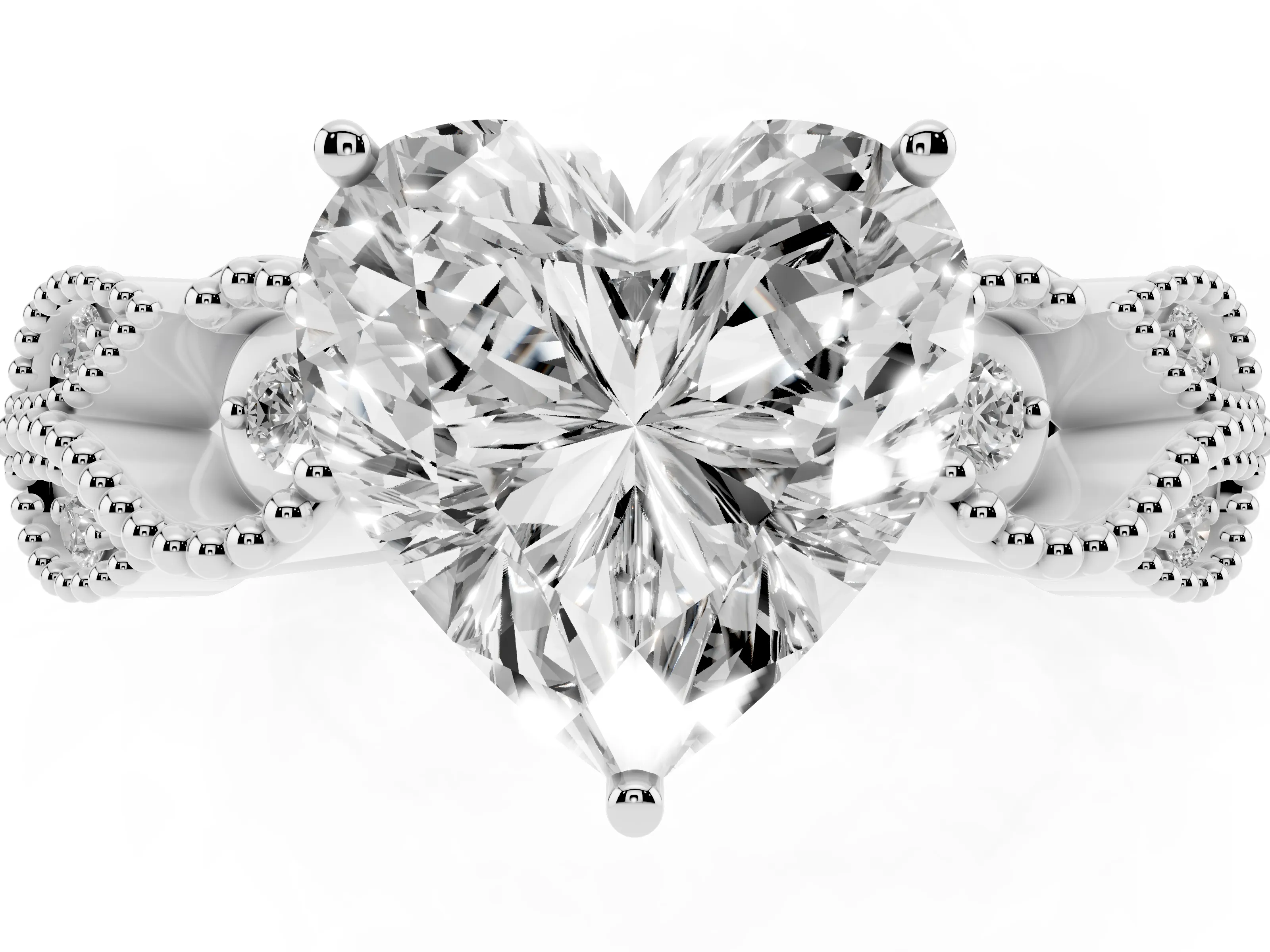 Heart Cut Diamond Milgrain Leaf Band Solitaire Ring Set in Silver with Accent Stones and Prong Setting