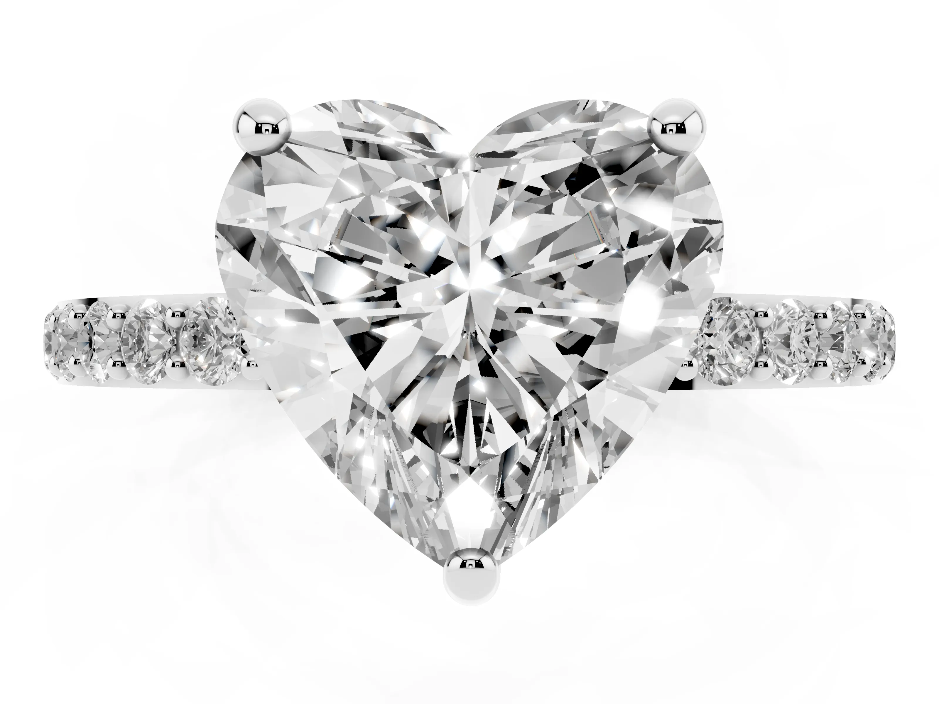 Heart Cut Diamond Solitaire Ring Set in Silver with Round Pavé Band and Prong Setting