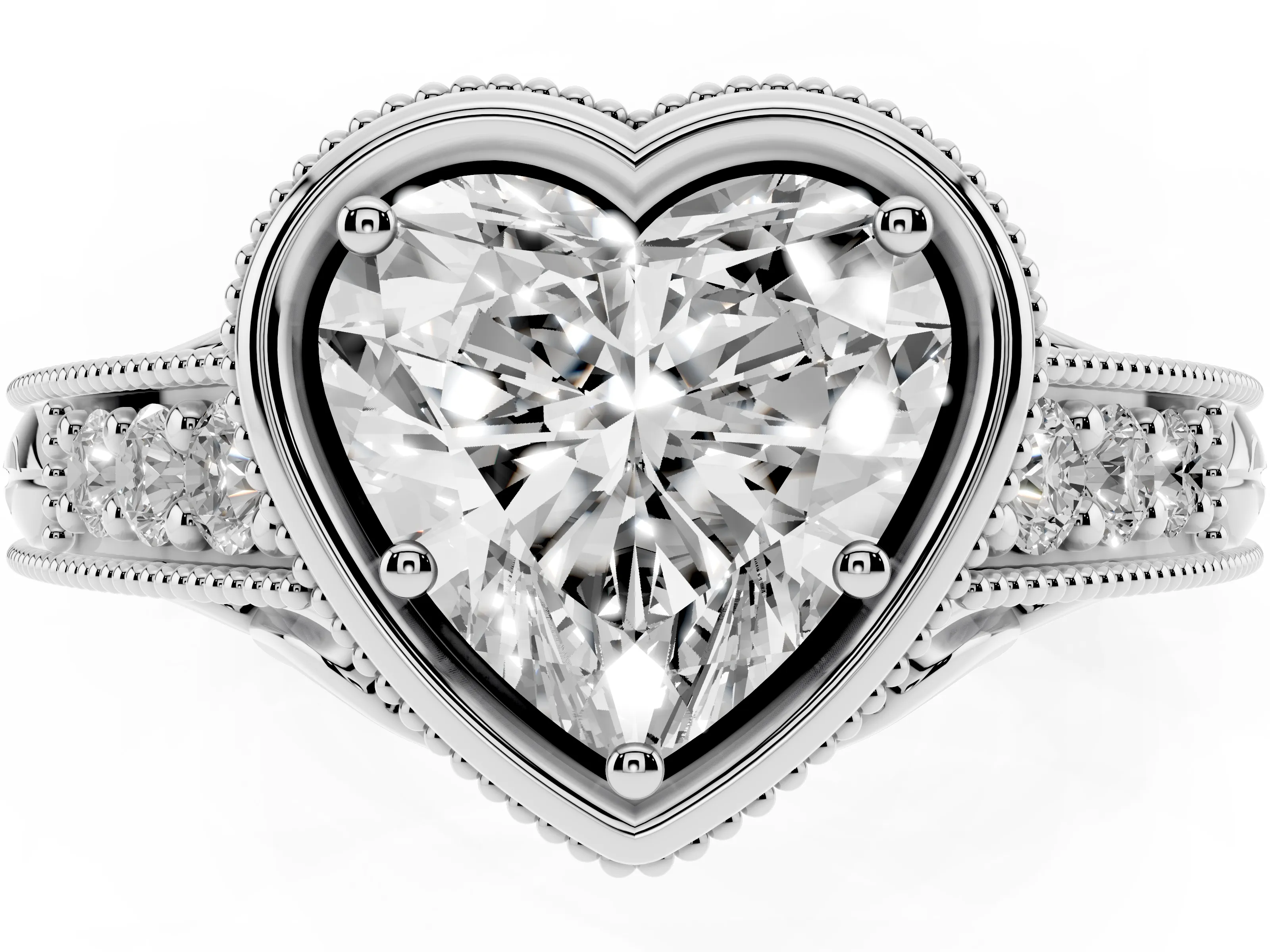 Bezel Set Heart Cut Diamond Milgrain Pavé Engagement Ring Set in Silver