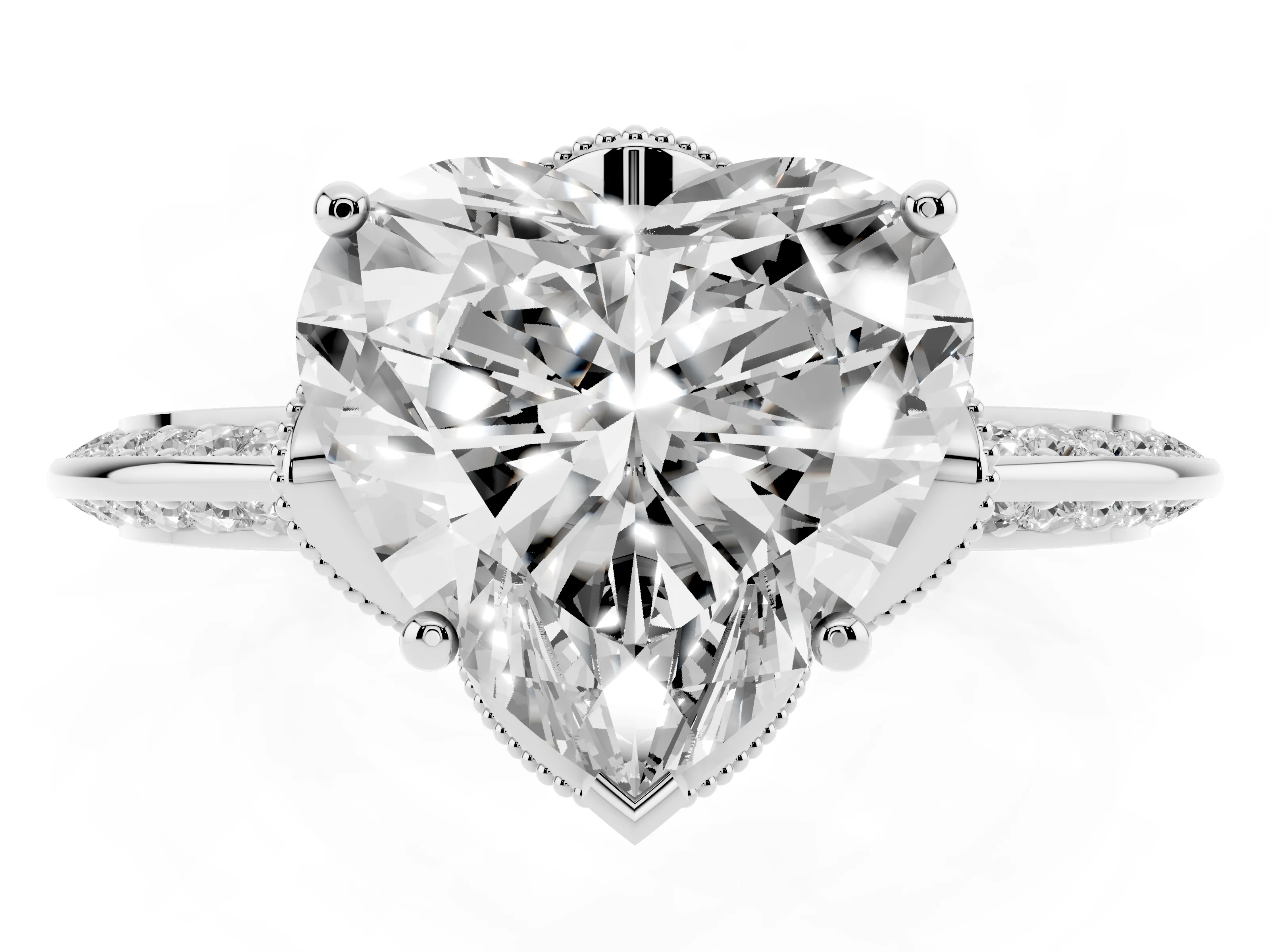 Heart Cut Diamond Solitaire Engagement Ring Set in White gold with Pavé Split Shank and Prong Setting