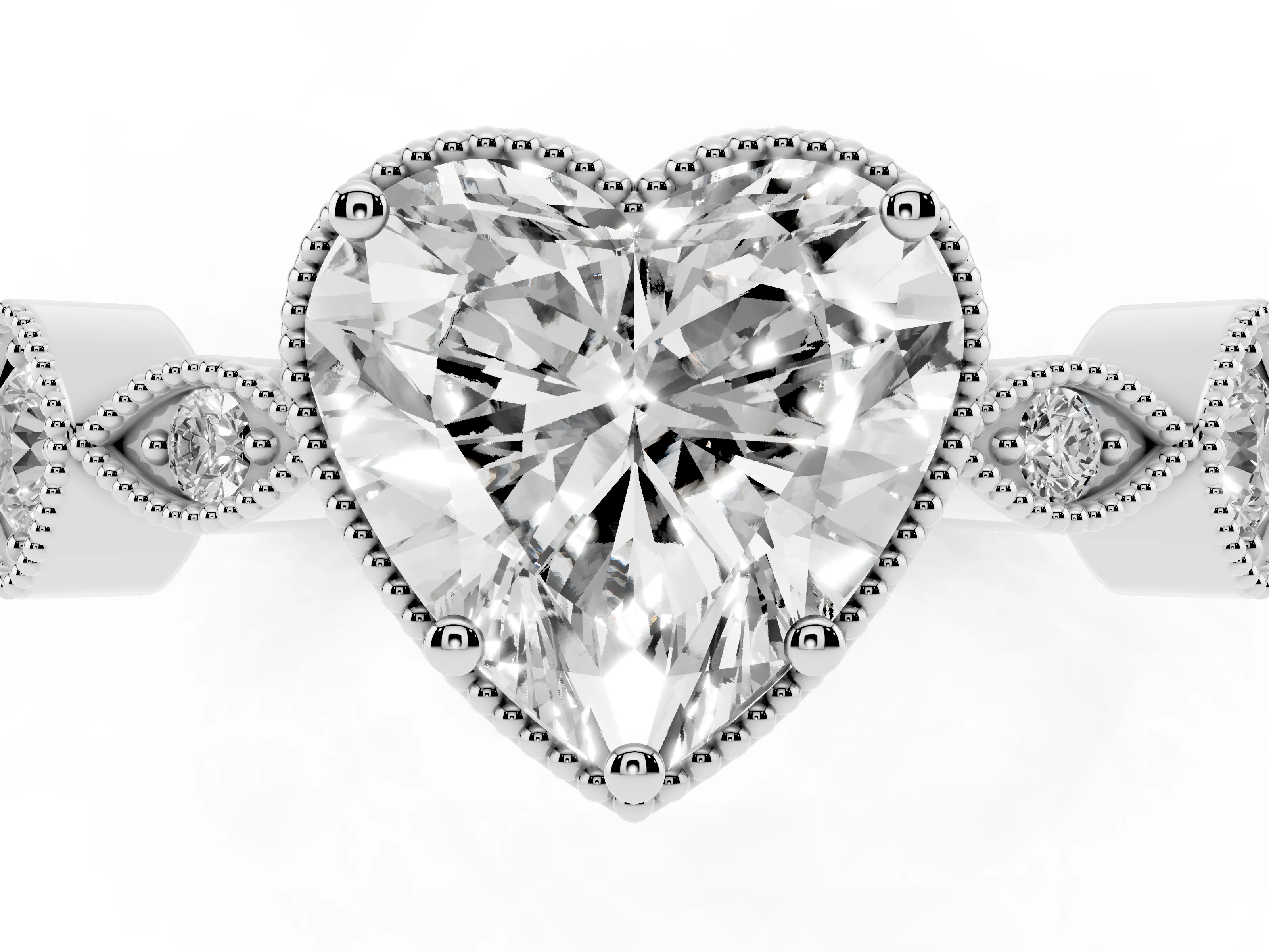 Heart Cut Diamond Vintage-Inspired Milgrain Ring Set in White gold with Marquise Stations of Round Accents