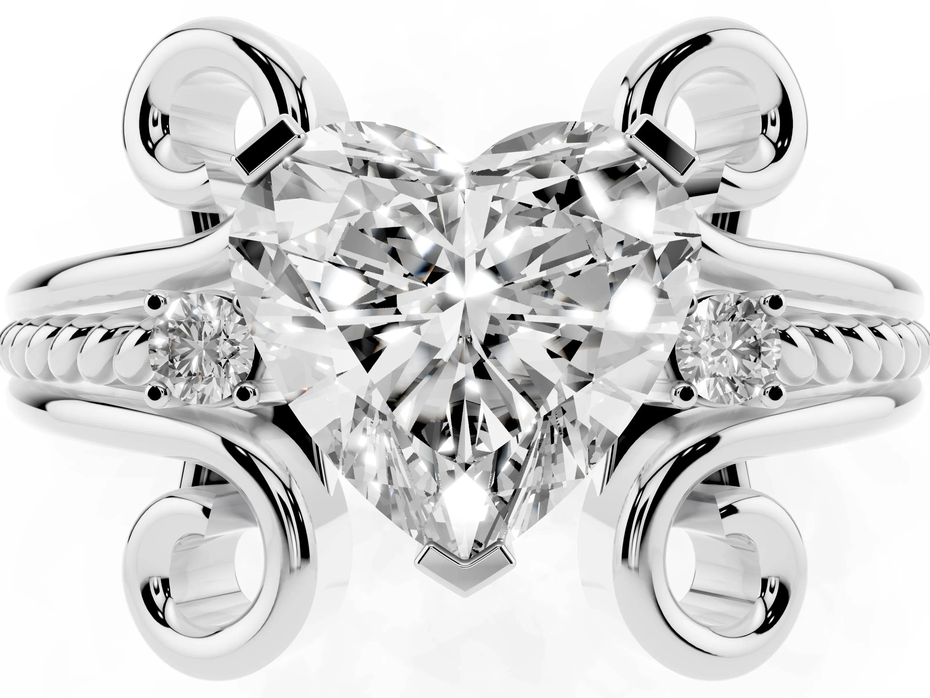 Heart Cut Diamond Twisted Band Solitaire Ring Set in Platinum with Scroll Prongs