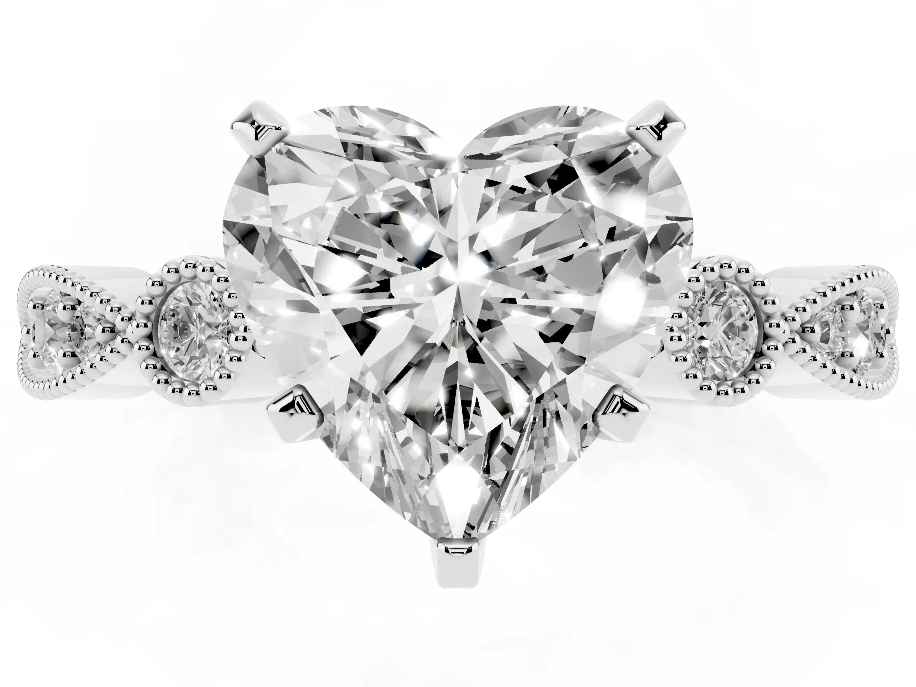 Heart Cut Diamond Solitaire Engagement Ring Set in White gold with Milgrain Bezel Accent Band