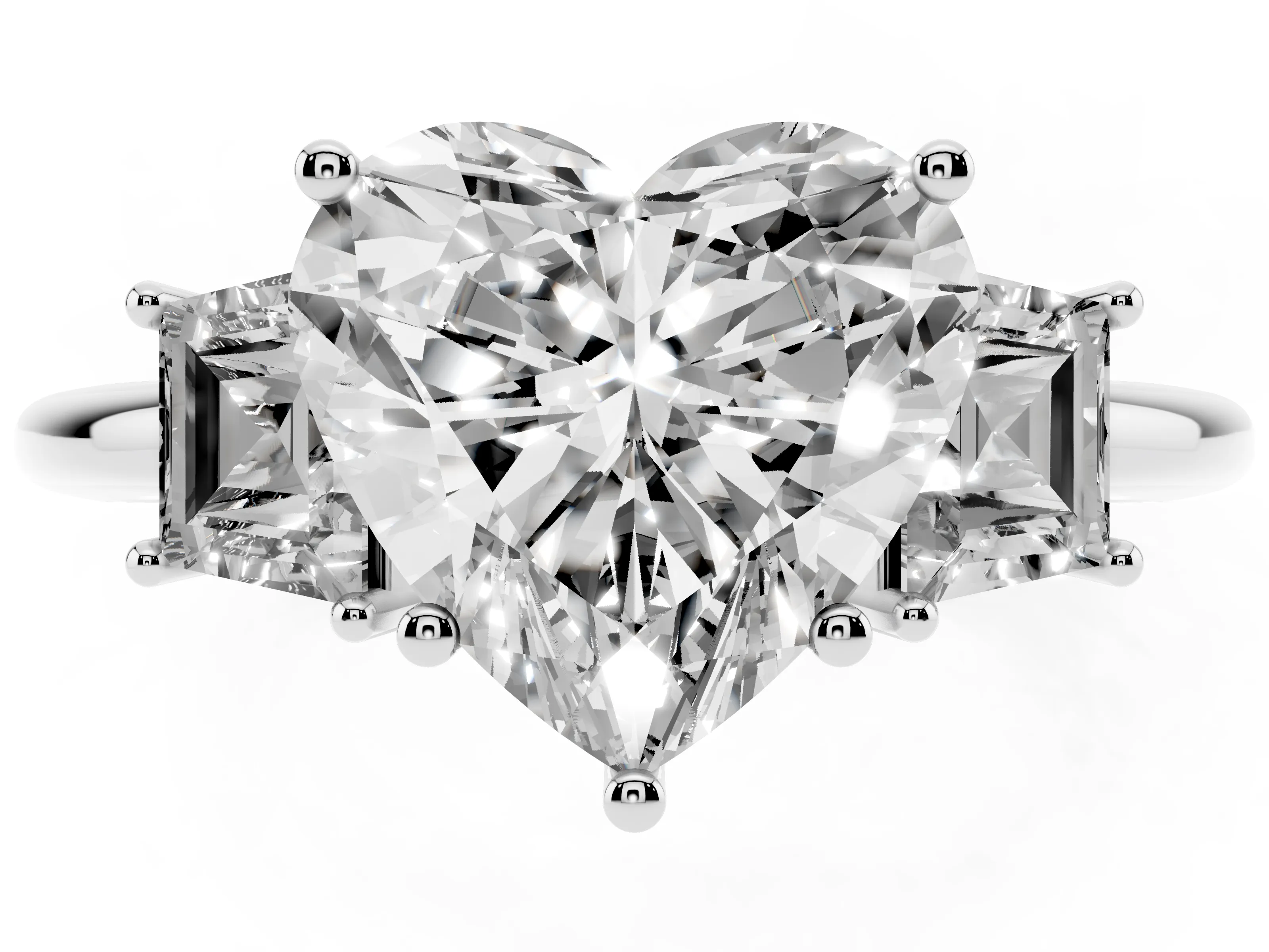 Heart Cut Diamond Three-Stone Ring Set in Platinum with Trapezoid Side Stones and Prong Setting