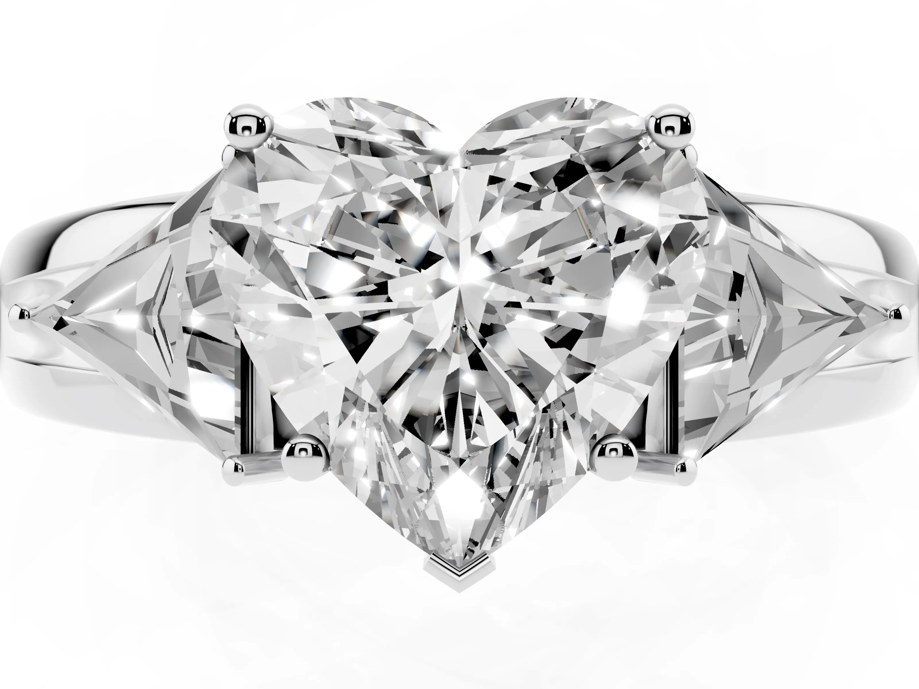 Heart Cut Diamond Three-Stone Ring Set in White gold with Trillion Side Stones and Split Shank