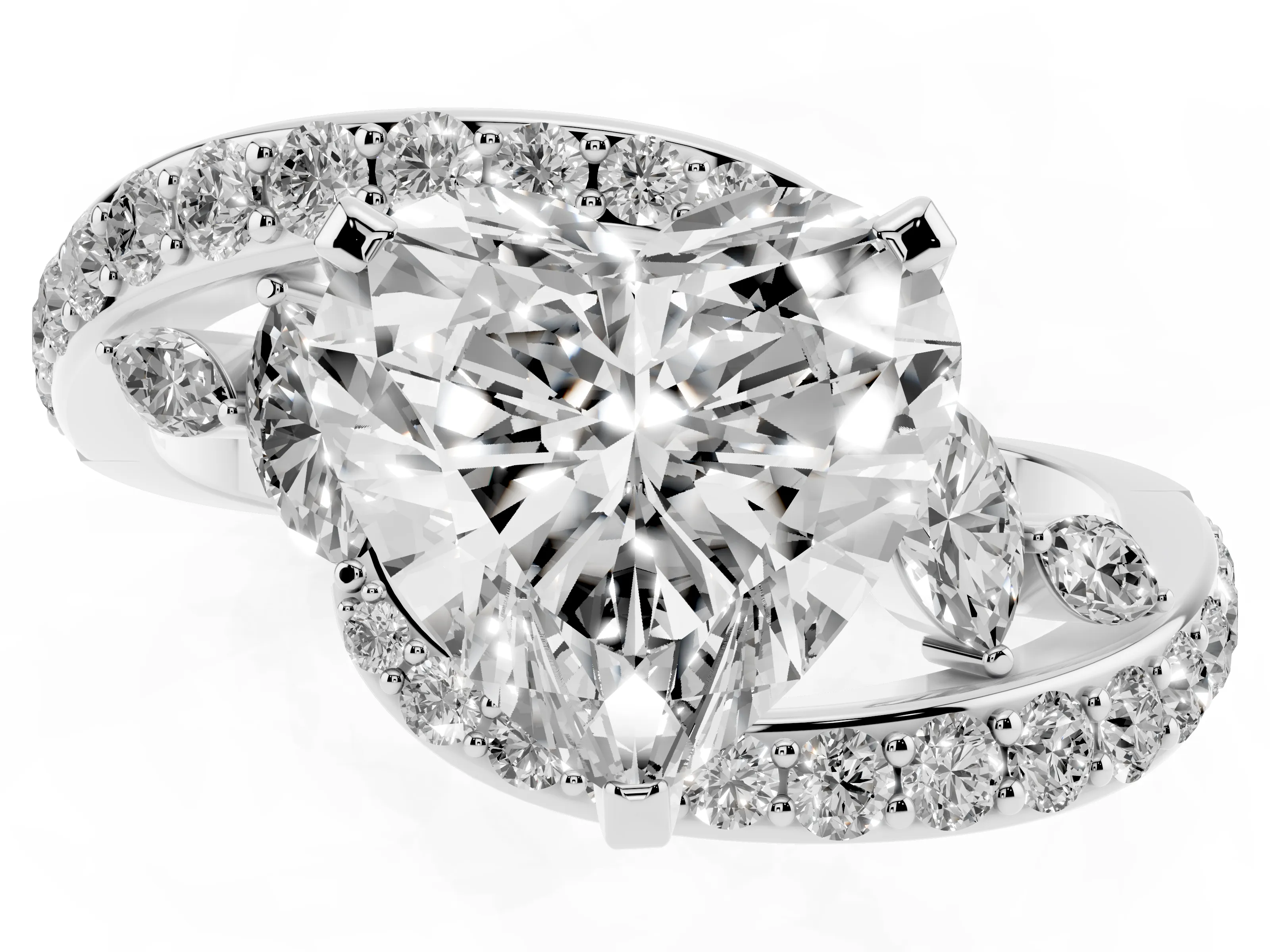 Heart Cut Diamond Solitaire Ring Set in Silver with Pavé Twist Band and Secure Prong Setting