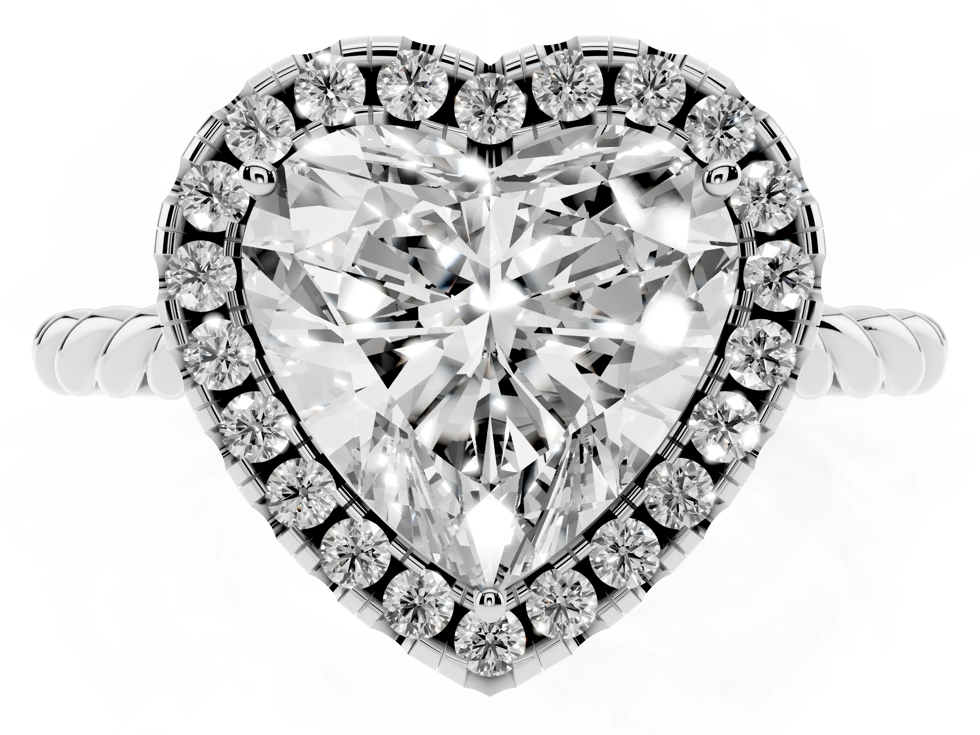 Heart Cut Diamond Halo Ring Set in Silver with Plain Twisted Band