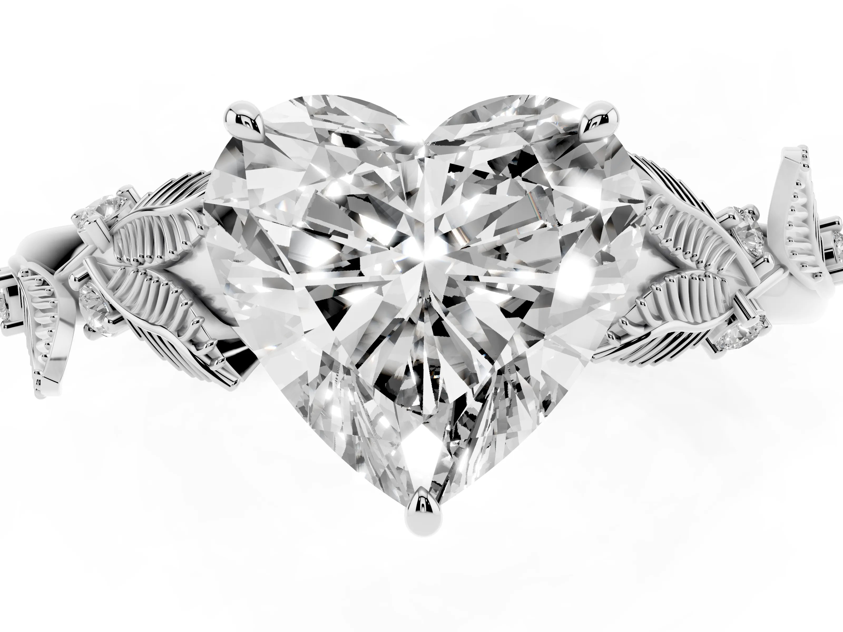 Heart Cut Diamond Solitaire Ring Set in Silver with Leaf Motif Band