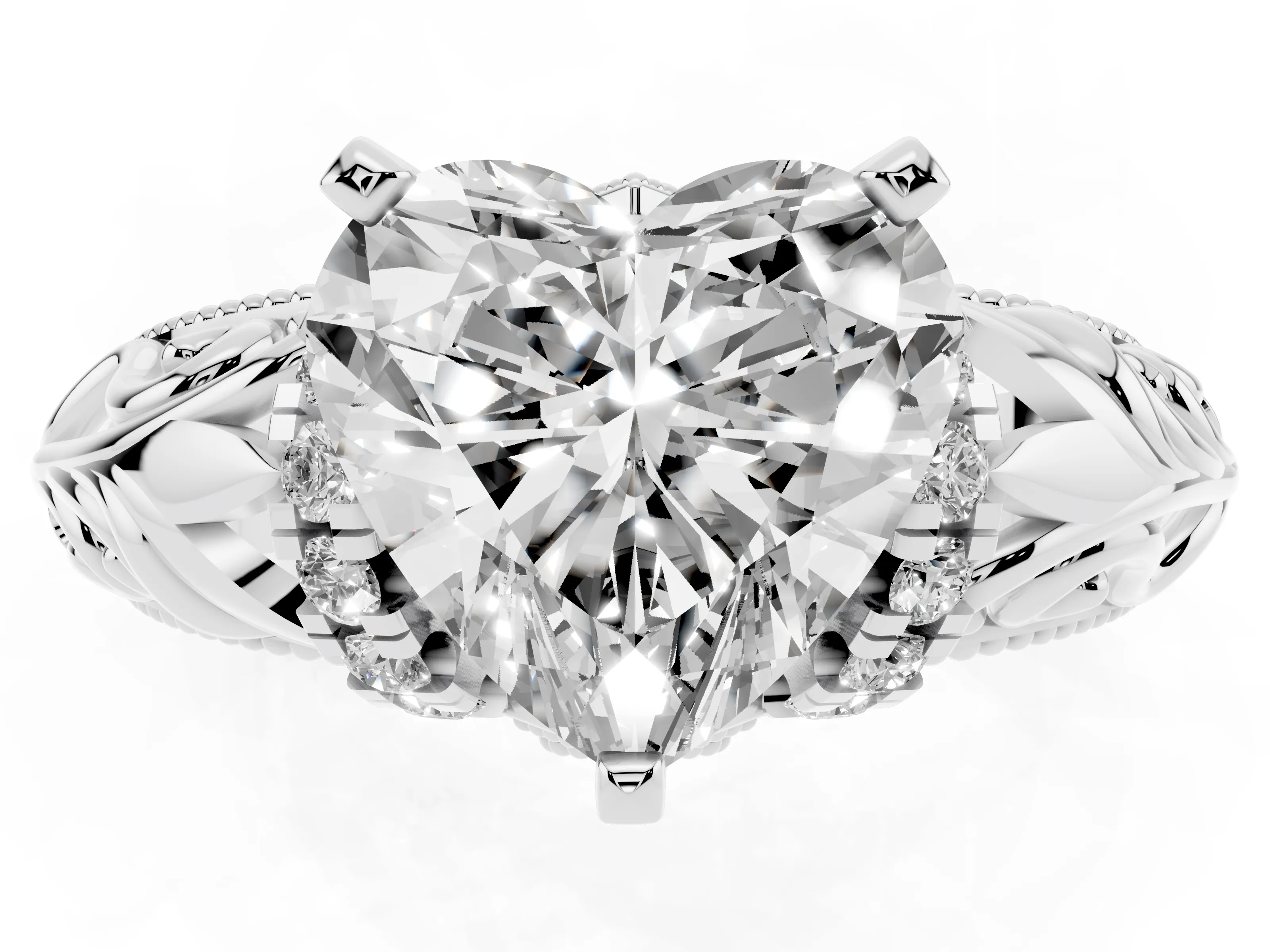 Heart Cut Diamond Filigree Halo Engagement Ring Set in White gold with Prong Setting