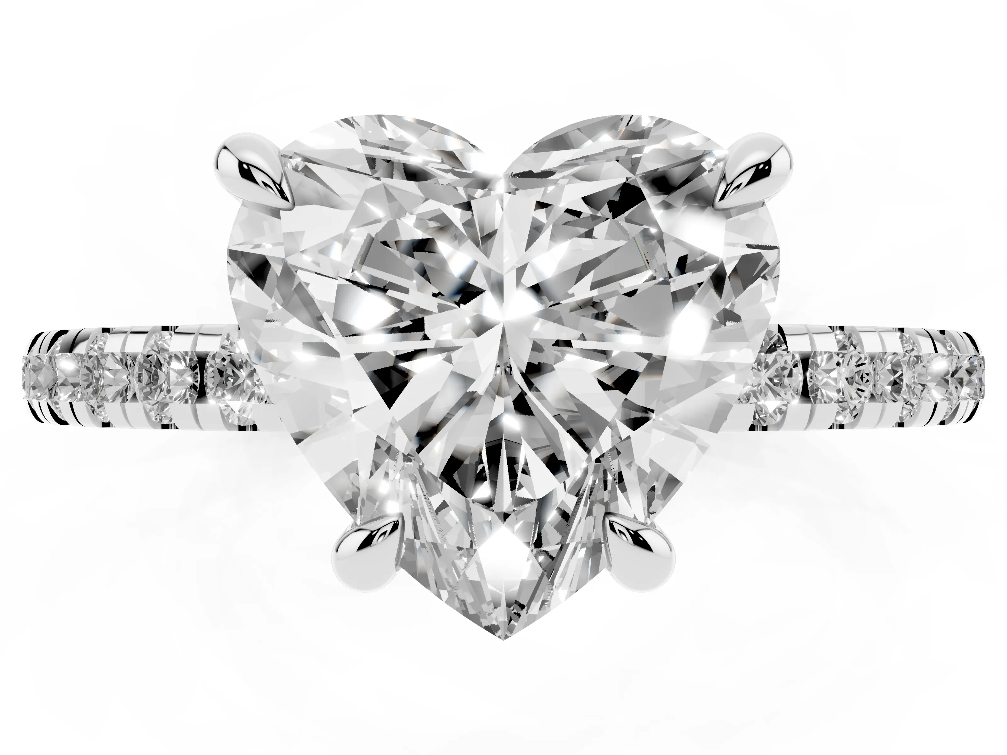 Heart Cut Diamond Brilliant Solitaire Ring Set in White gold with Pavé Band and Prong Setting