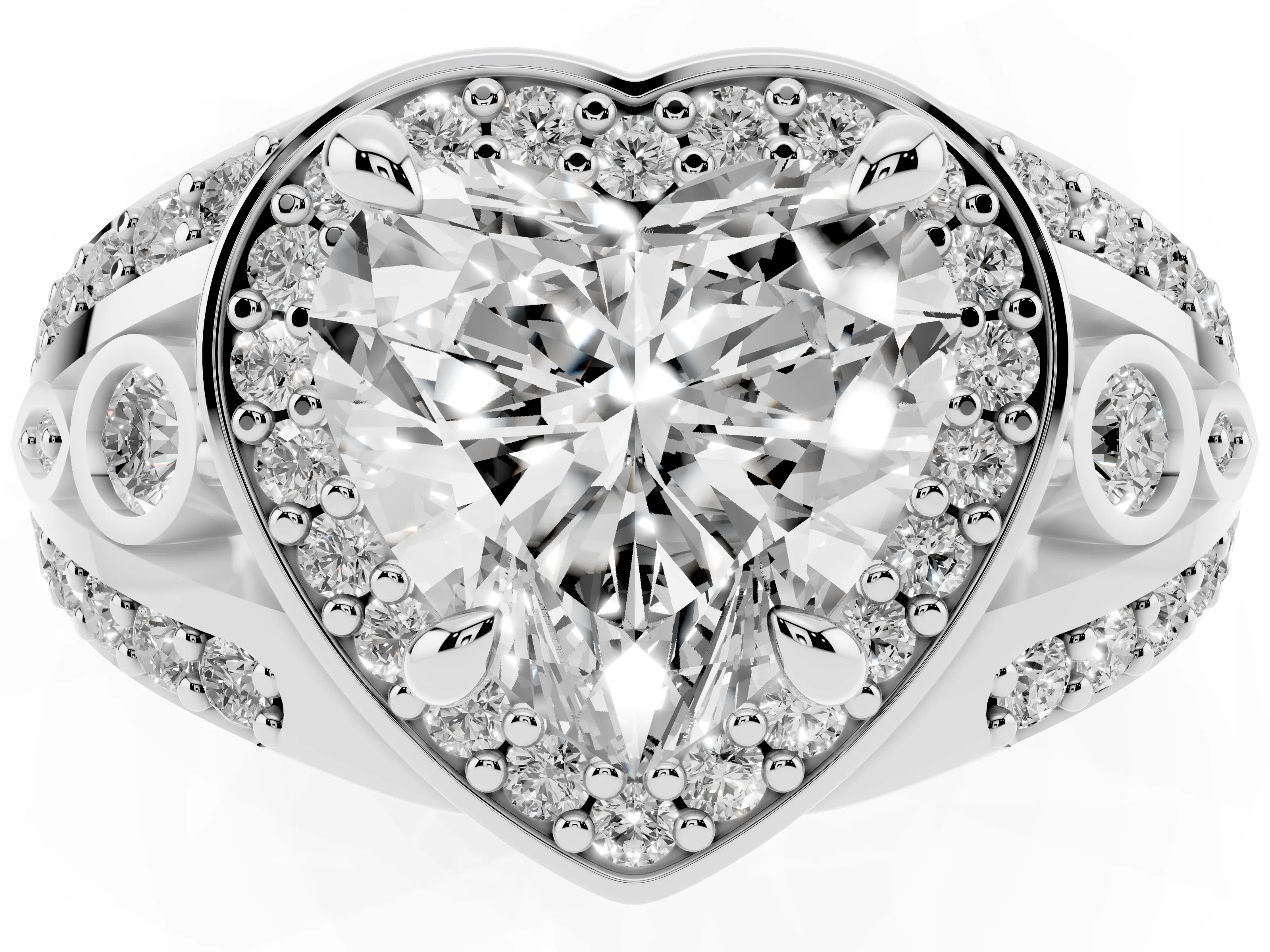 Heart Cut Diamond Halo Ring Set in Platinum with Pavé Split Shank and Bezel Accents