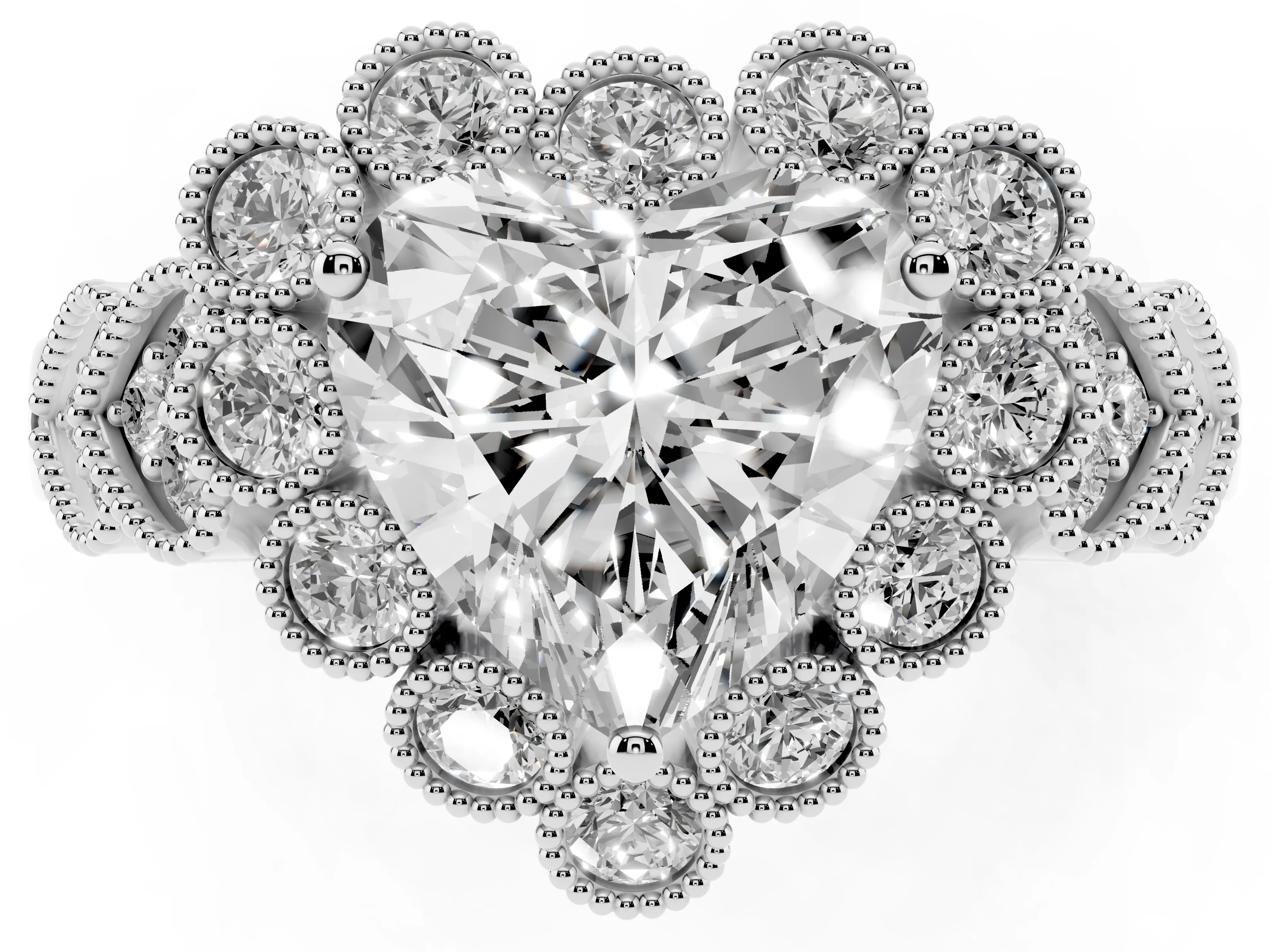 Heart Cut Diamond Solitaire Ring Set in White gold with Milgrain Pavé Heart Band